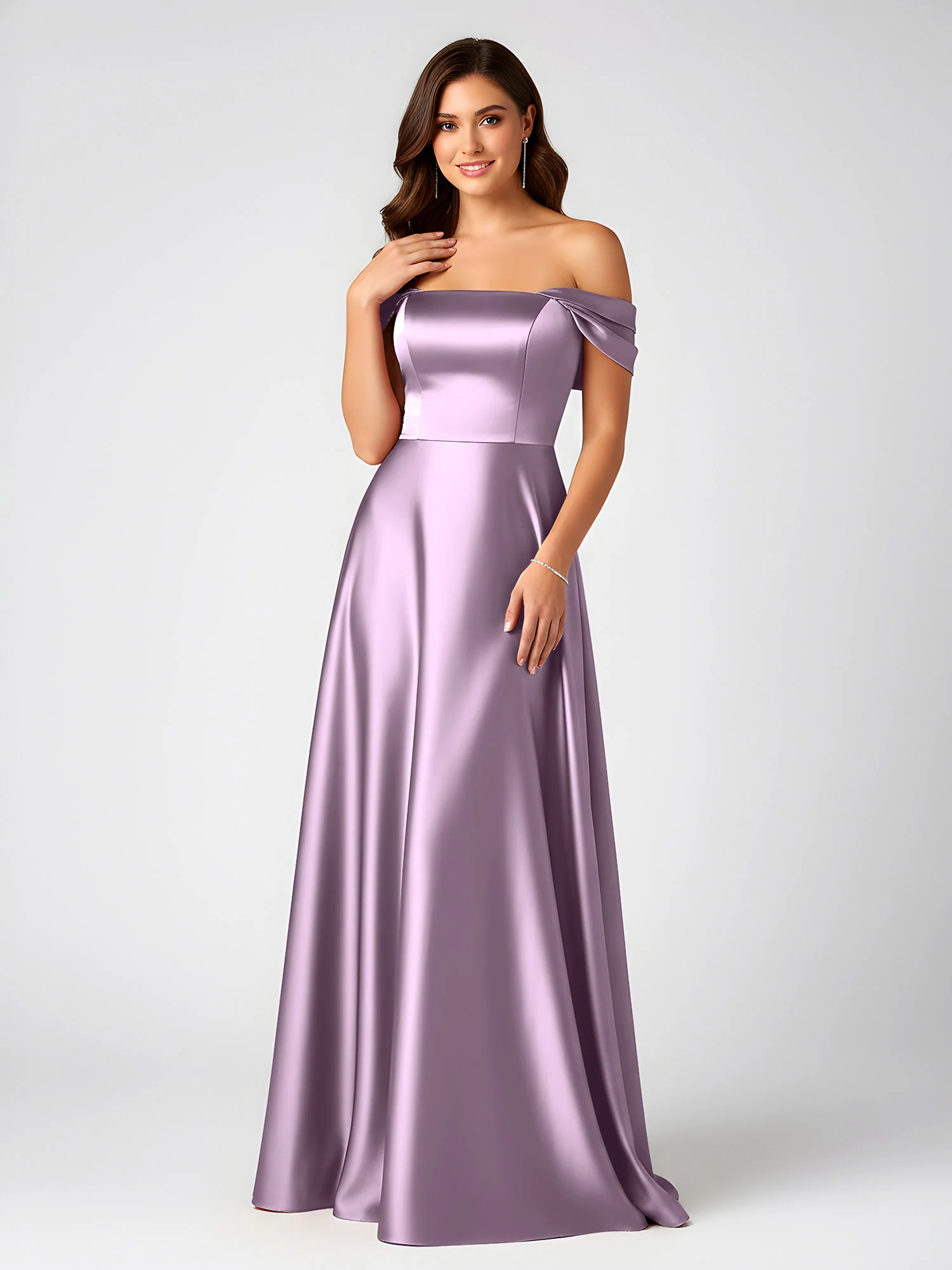 Off-Shoulder Folded Sleeve A-Line Satin Gown Wisteria