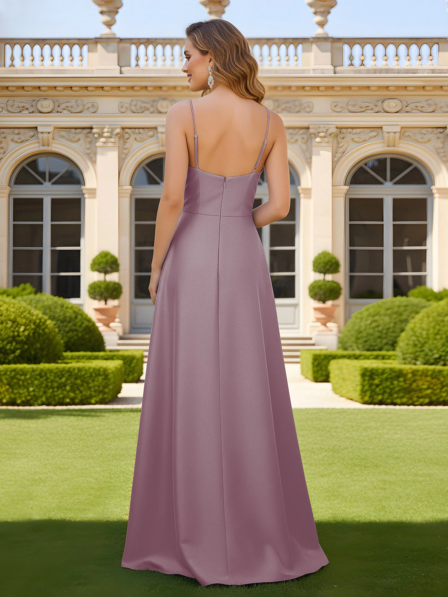 Beaded V-neck Pleated A-Line Long Dress With Slit Dusk - Image 2
