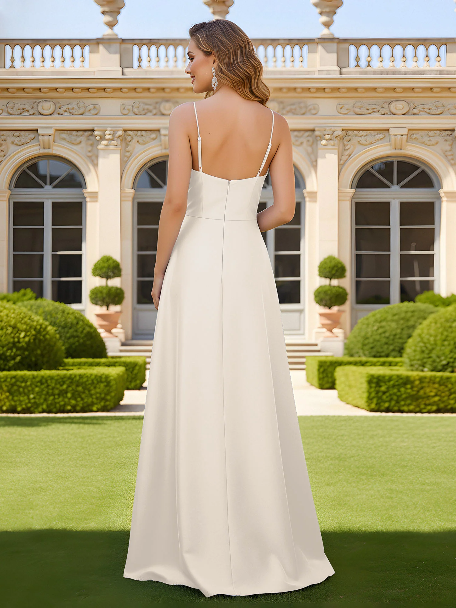 Beaded V-neck Pleated A-Line Long Dress With Slit Ivory - Image 2