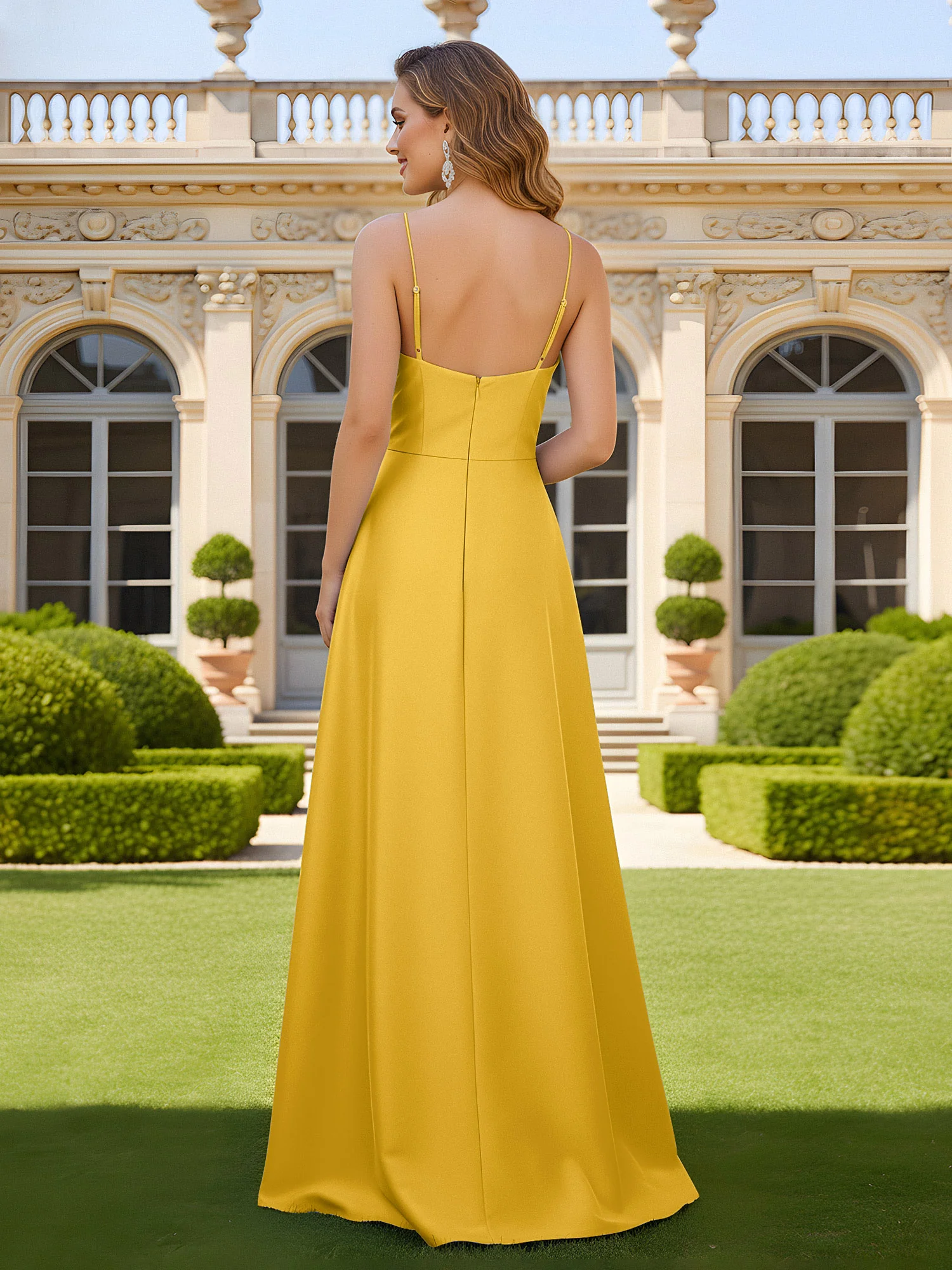 Beaded V-neck Pleated A-Line Long Dress With Slit Marigold - Image 2