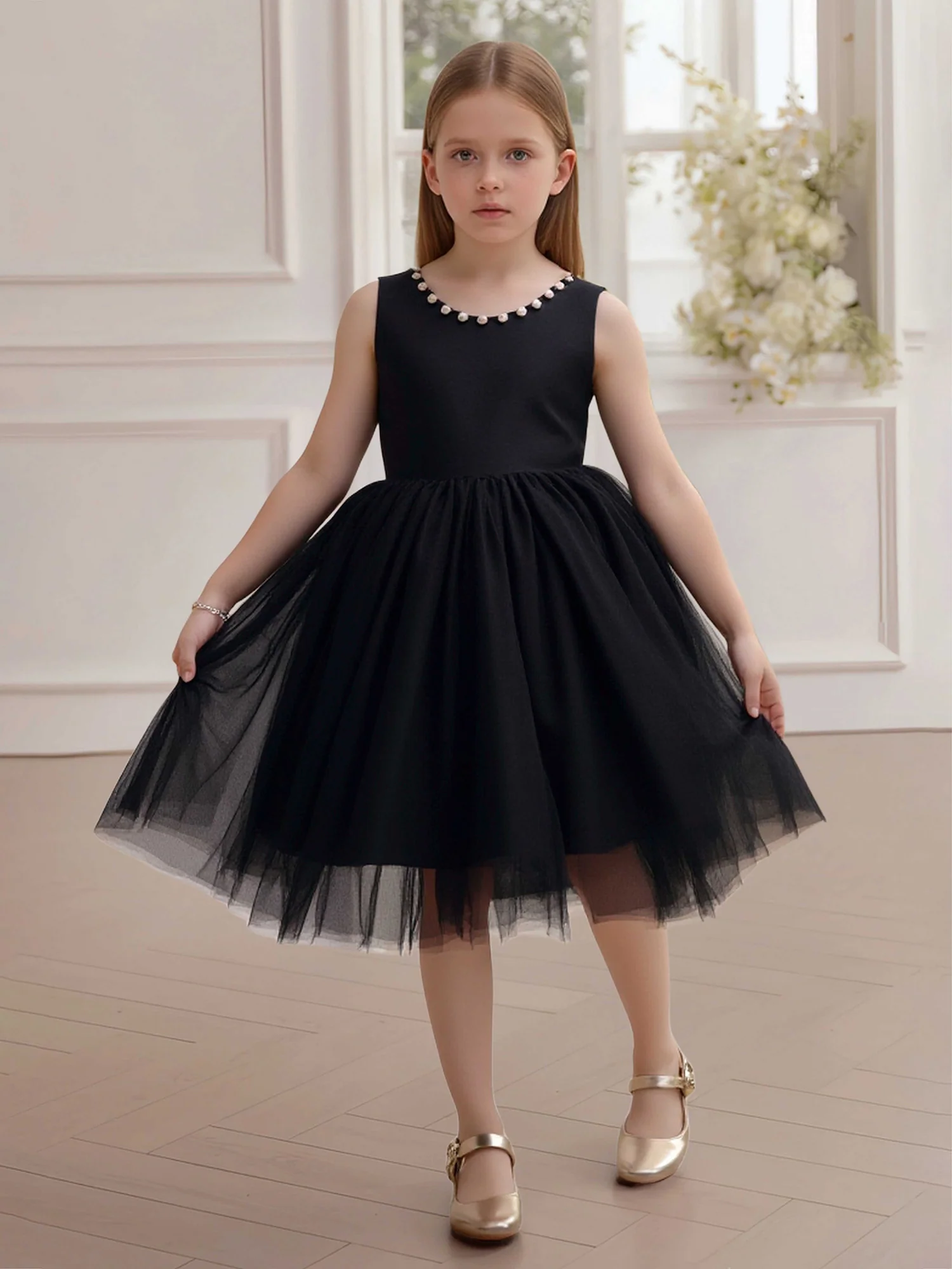 Sleeveless Pearl Trim Bodice Full Skirt Flower Girl Dress Black