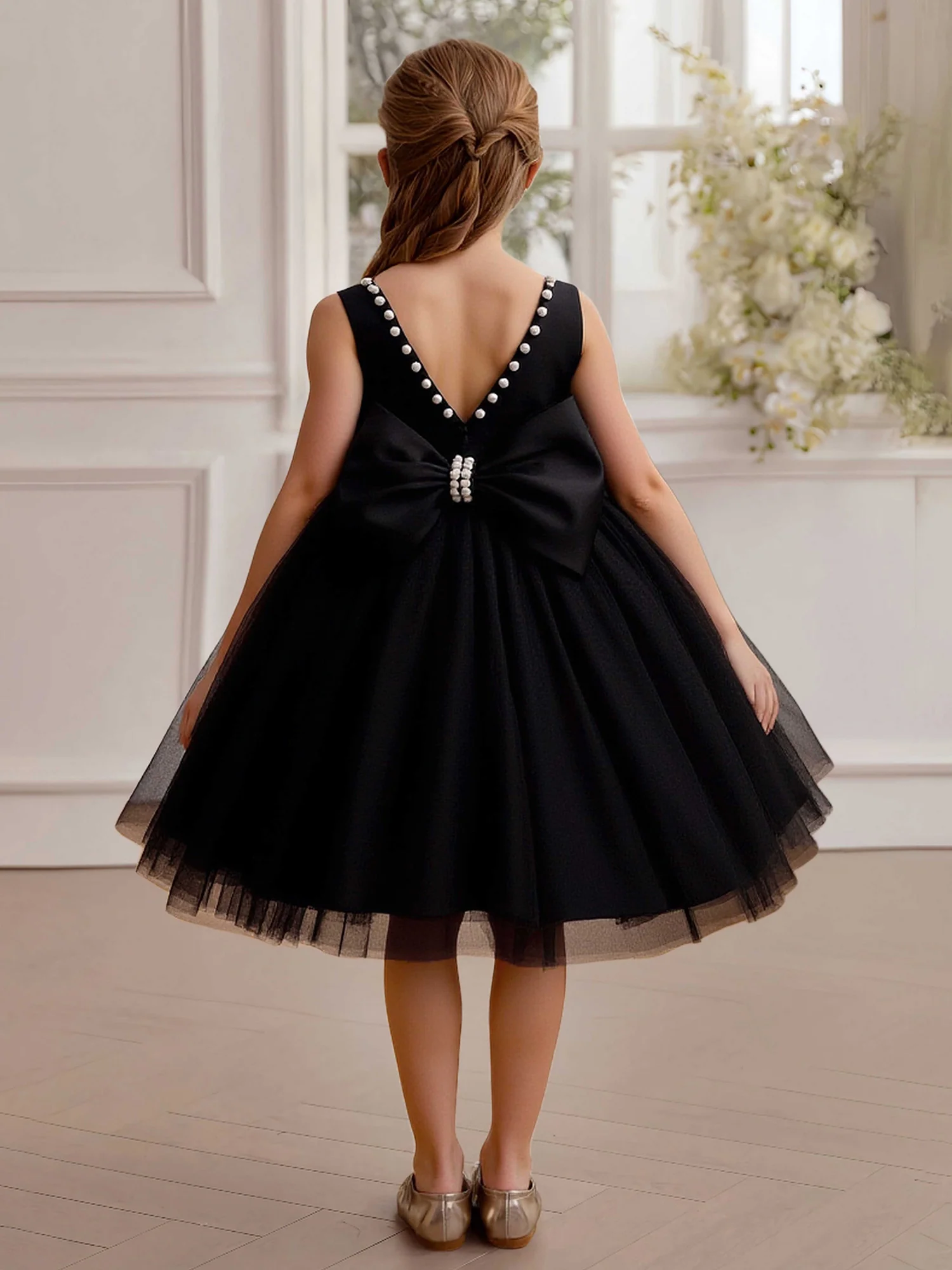 Sleeveless Pearl Trim Bodice Full Skirt Flower Girl Dress Black - Image 2