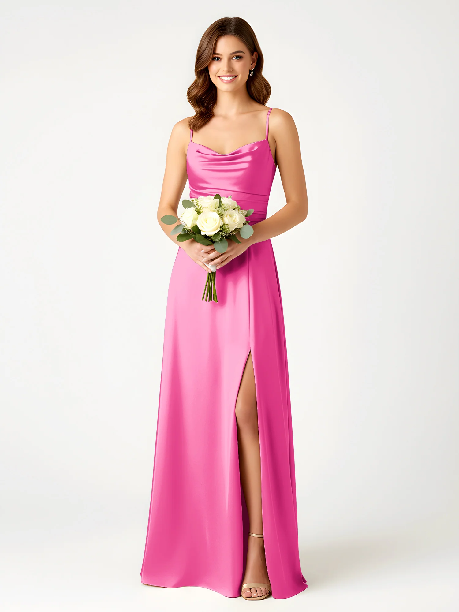 Cowl Neck Spaghetti Strap Acetate Satin Gown with Slit Azalea