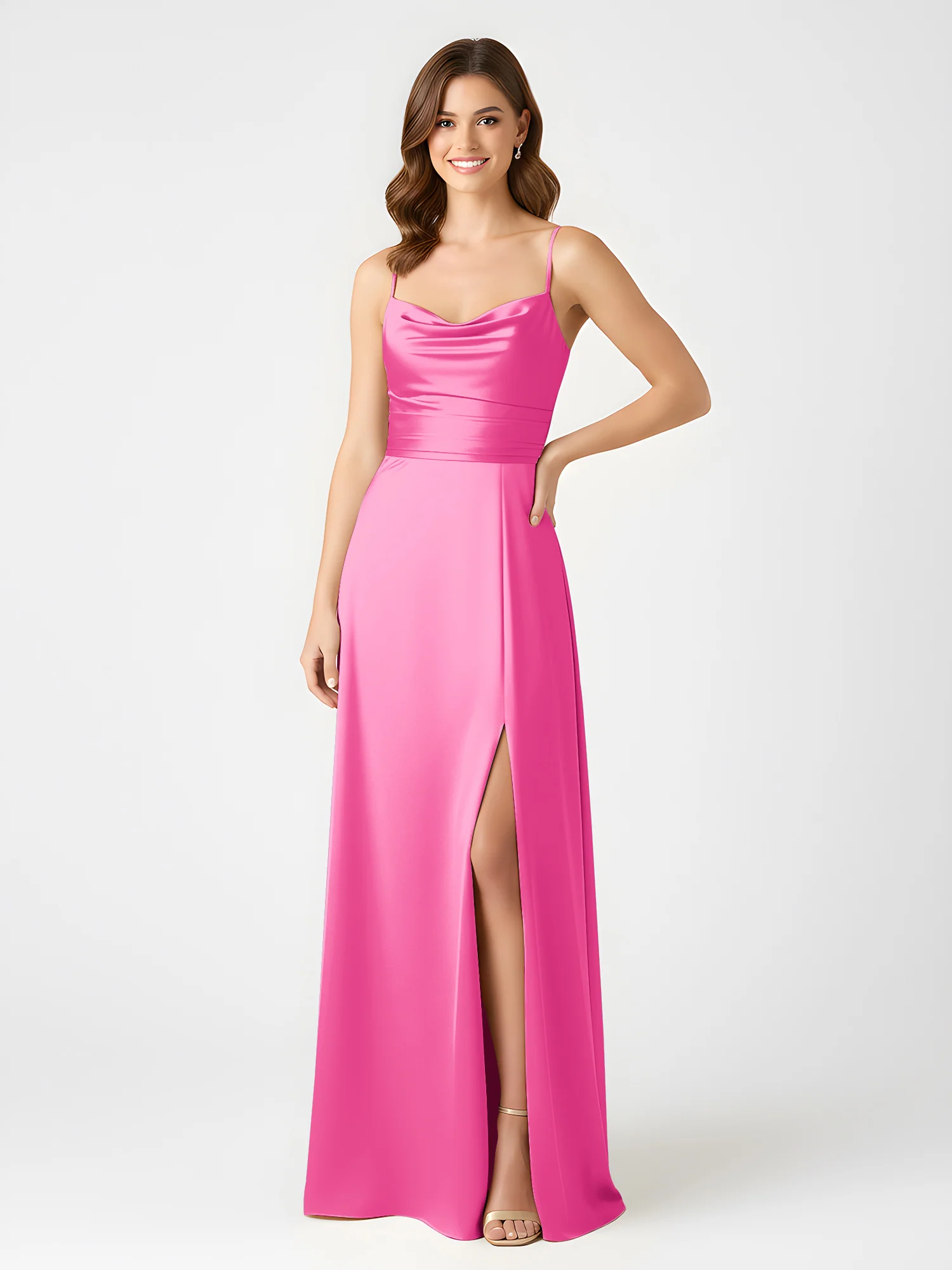 Cowl Neck Spaghetti Strap Acetate Satin Gown with Slit Azalea - Image 3