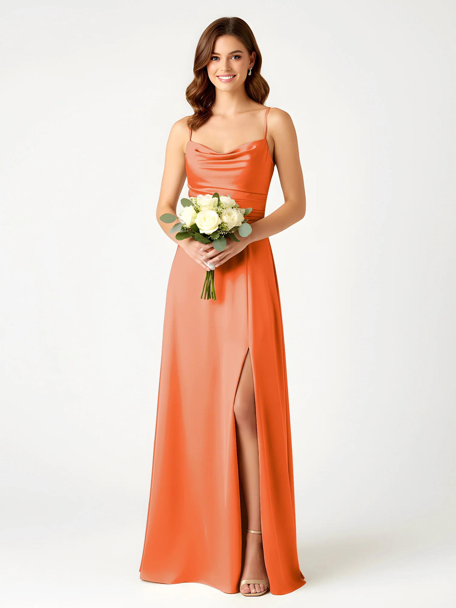 Cowl Neck Spaghetti Strap Acetate Satin Gown with Slit Burnt Orange