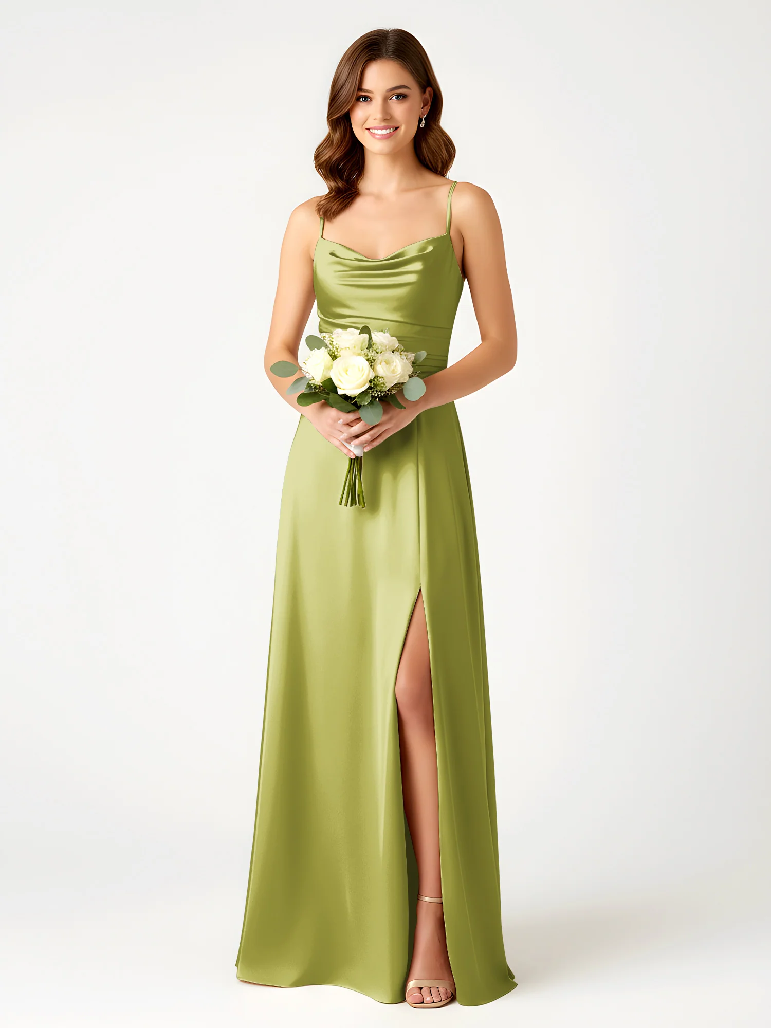 Cowl Neck Spaghetti Strap Acetate Satin Gown with Slit Clover