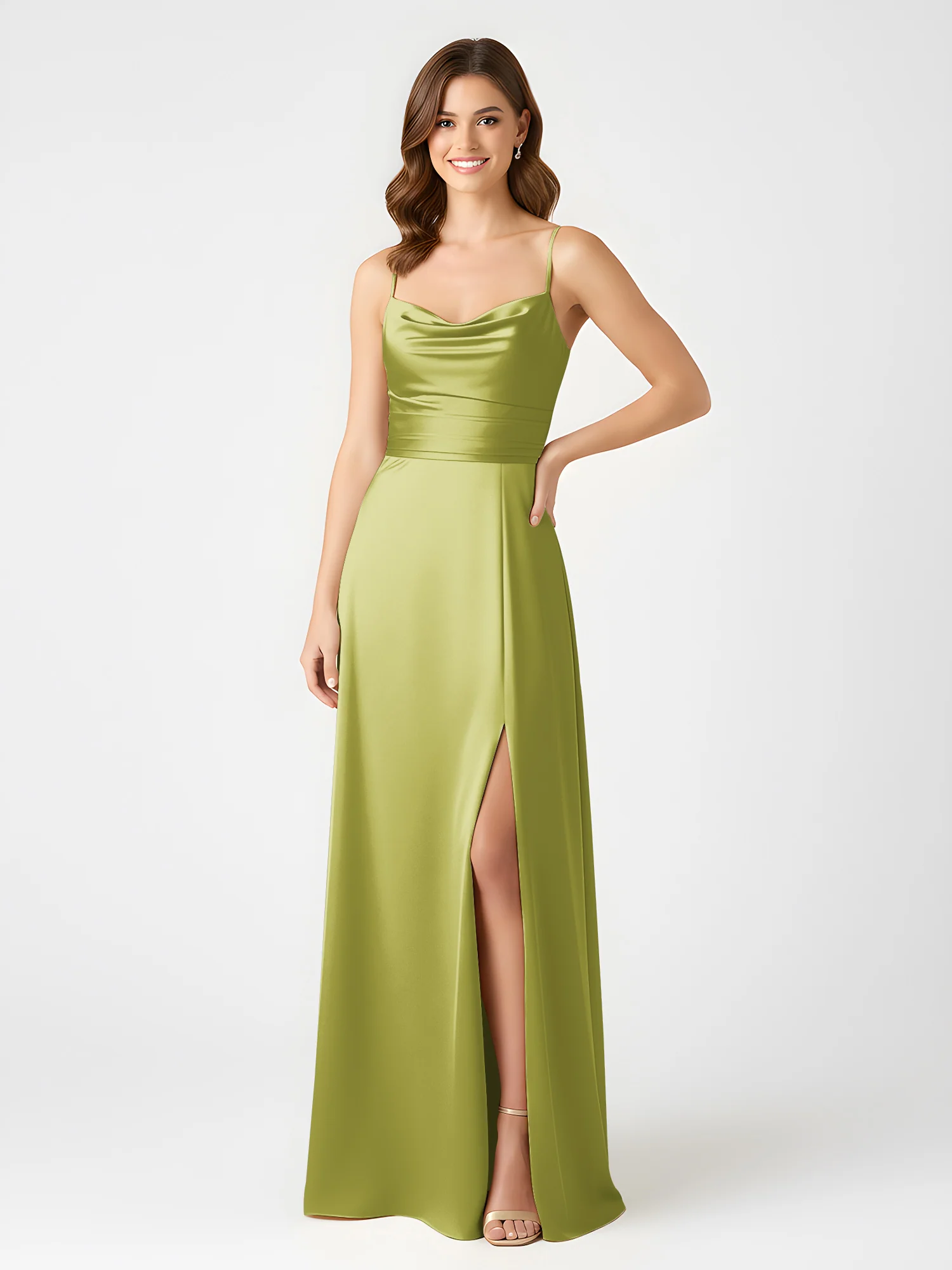 Cowl Neck Spaghetti Strap Acetate Satin Gown with Slit Clover - Image 3