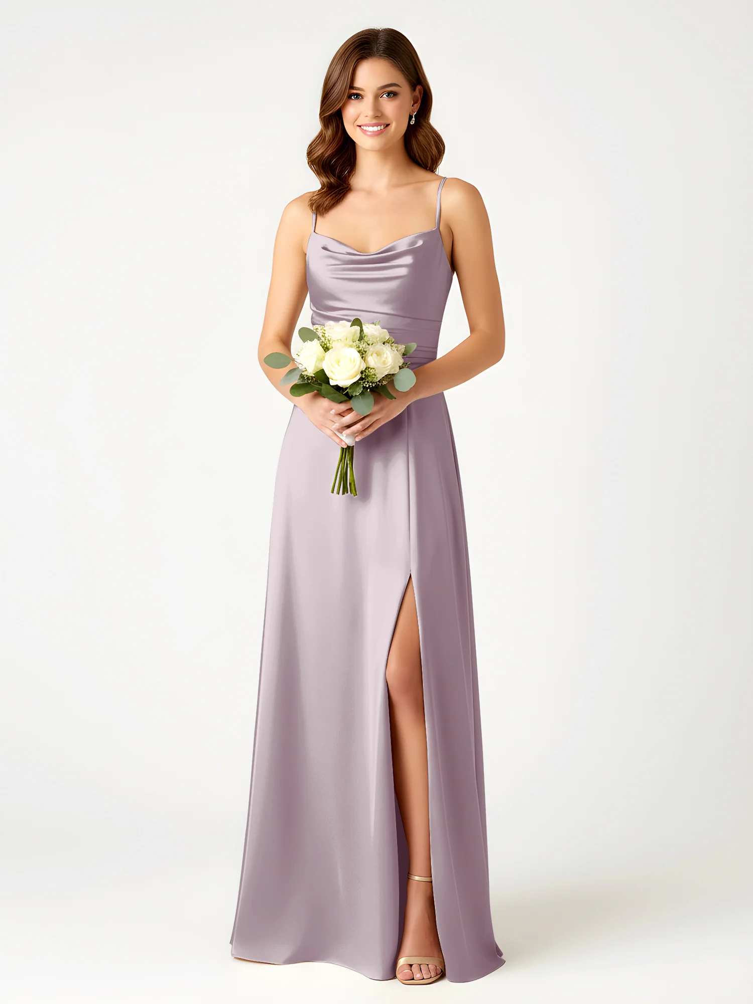 Cowl Neck Spaghetti Strap Acetate Satin Gown with Slit Dusk