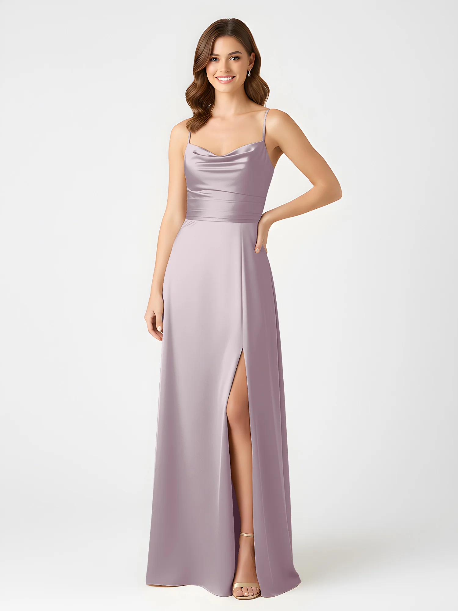 Cowl Neck Spaghetti Strap Acetate Satin Gown with Slit Dusk - Image 3