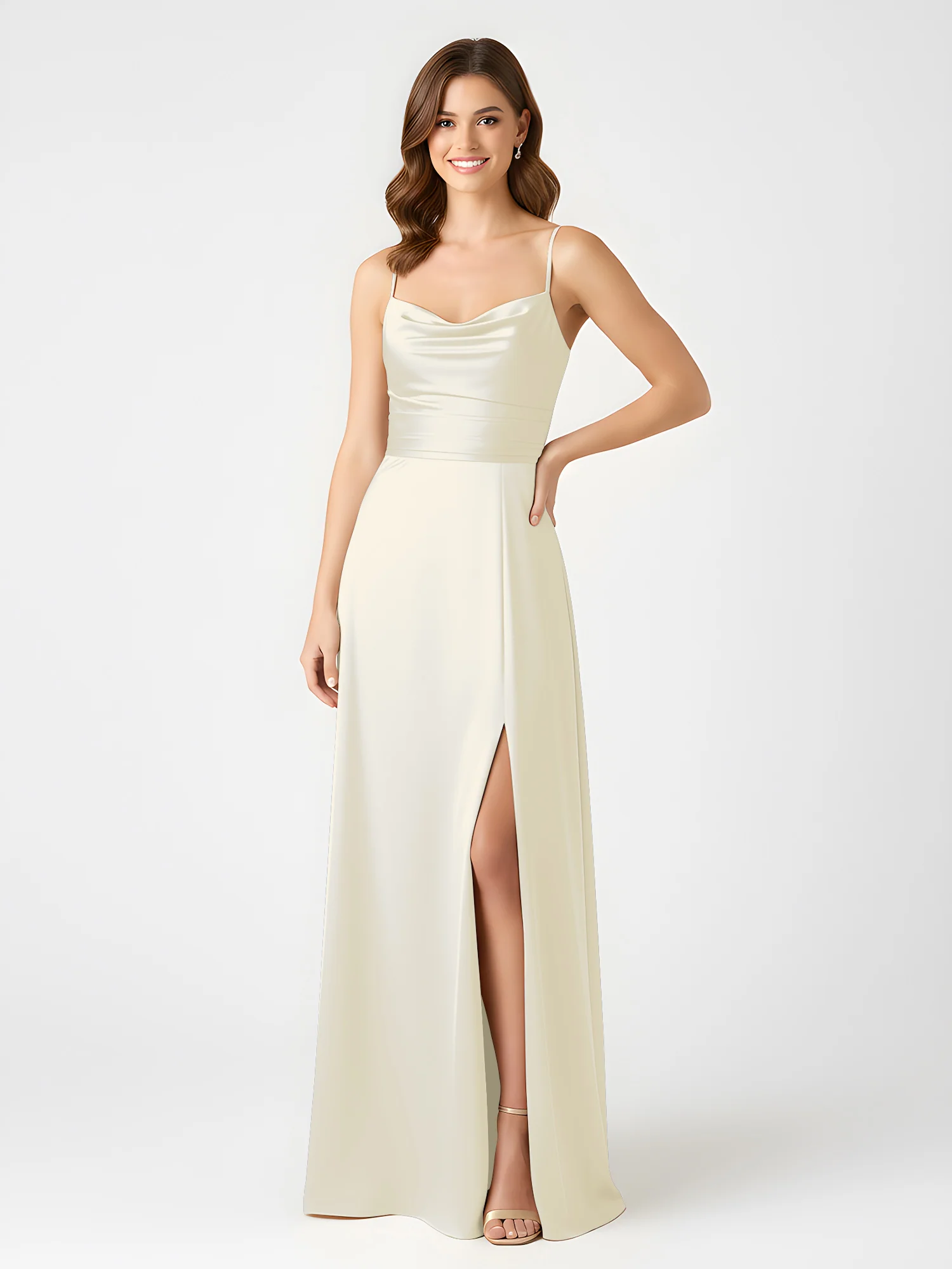 Cowl Neck Spaghetti Strap Acetate Satin Gown with Slit Ivory - Image 3