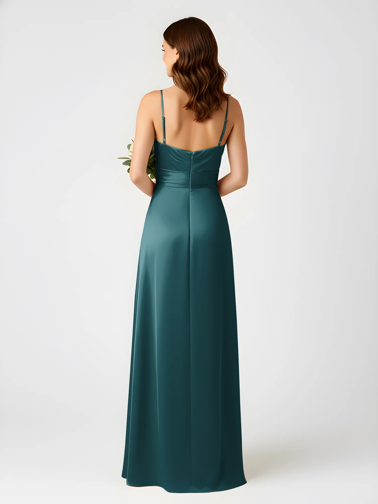Cowl Neck Spaghetti Strap Acetate Satin Gown with Slit Peacock - Image 2