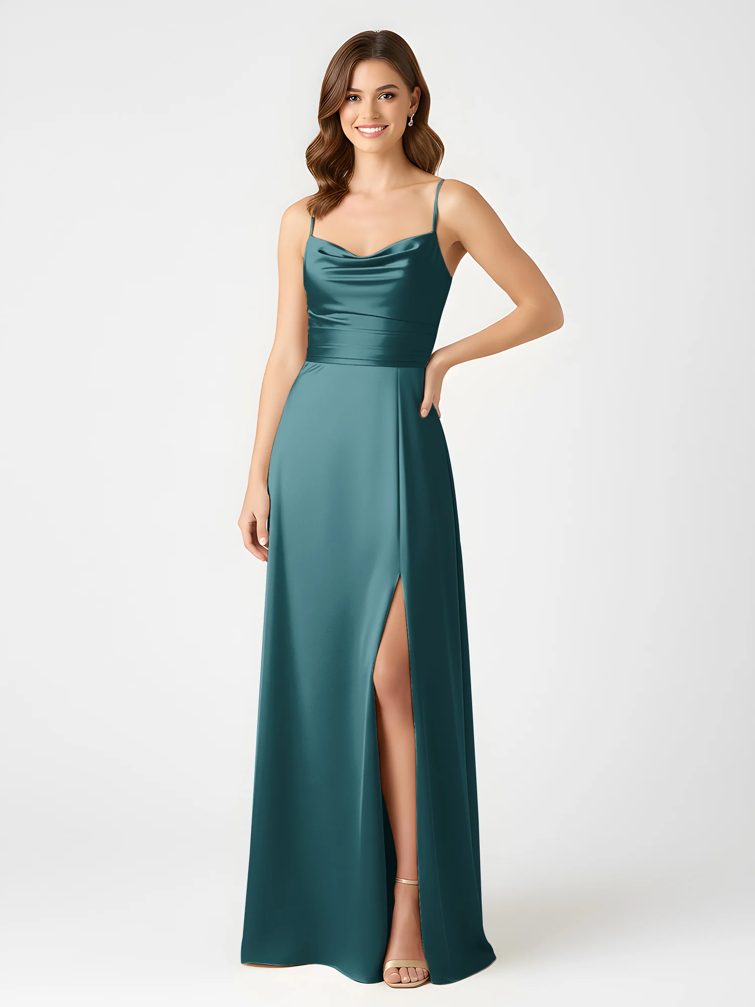 Cowl Neck Spaghetti Strap Acetate Satin Gown with Slit Peacock - Image 3