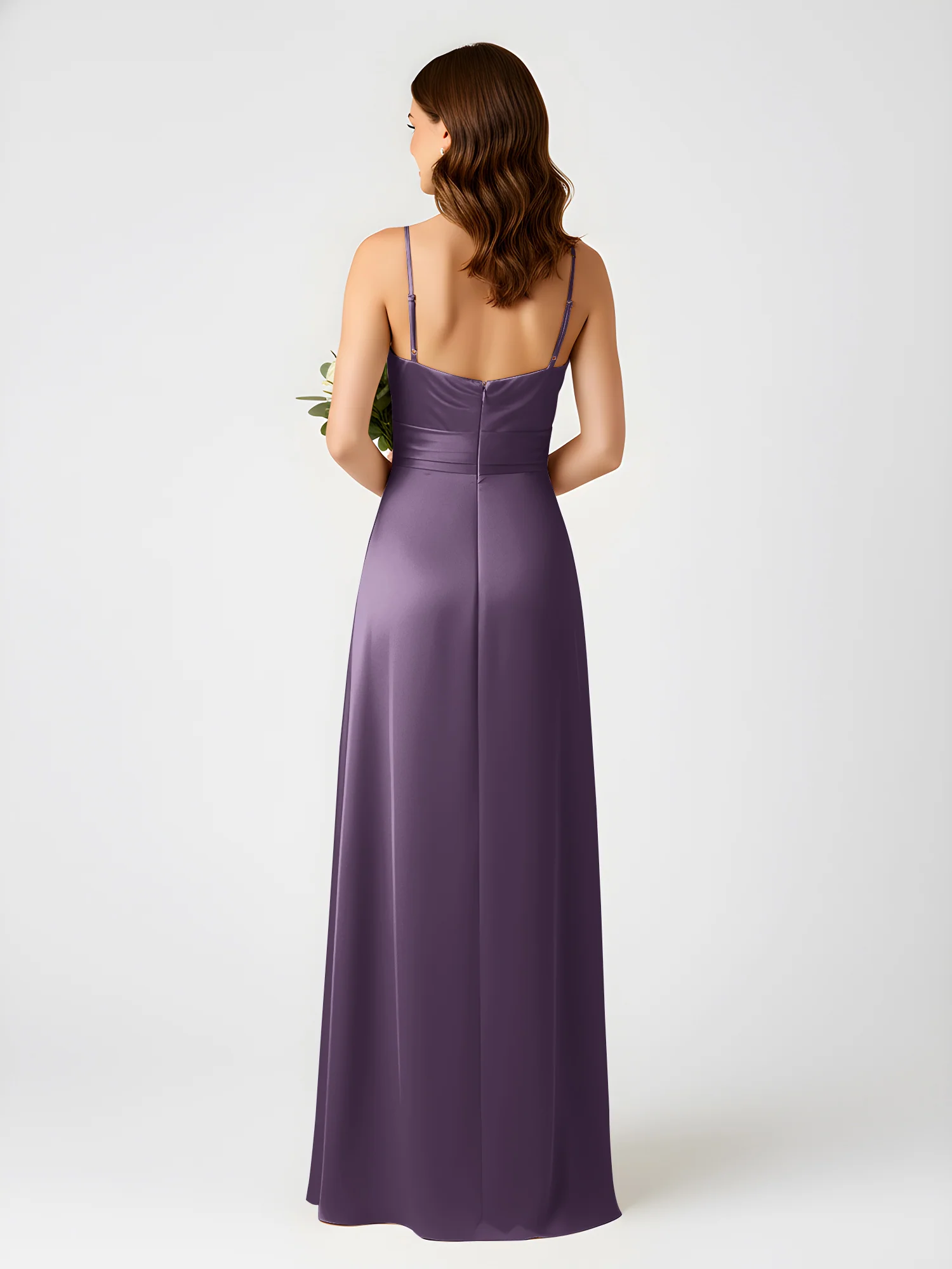 Cowl Neck Spaghetti Strap Acetate Satin Gown with Slit Plum - Image 2