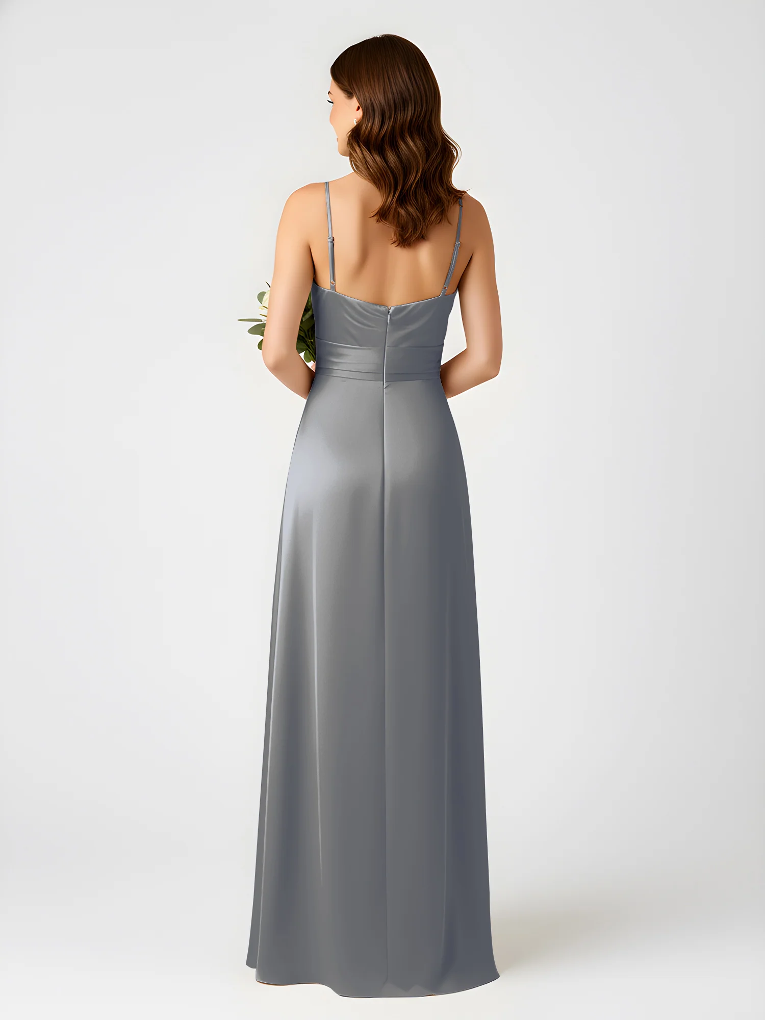 Cowl Neck Spaghetti Strap Acetate Satin Gown with Slit Steel Grey - Image 2