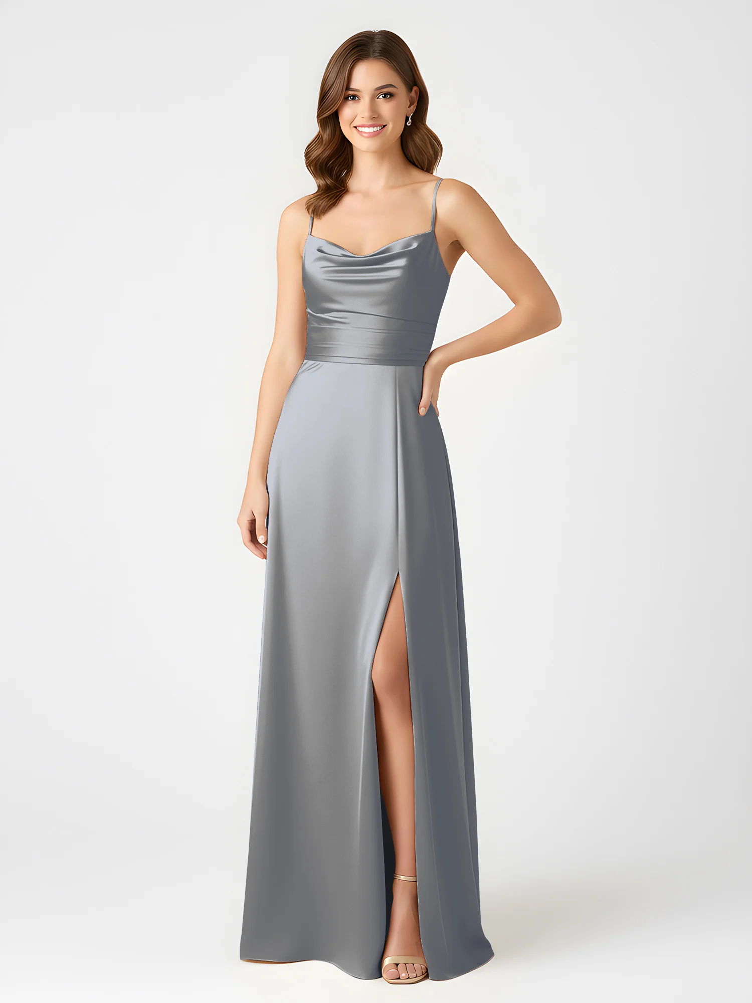 Cowl Neck Spaghetti Strap Acetate Satin Gown with Slit Steel Grey - Image 3