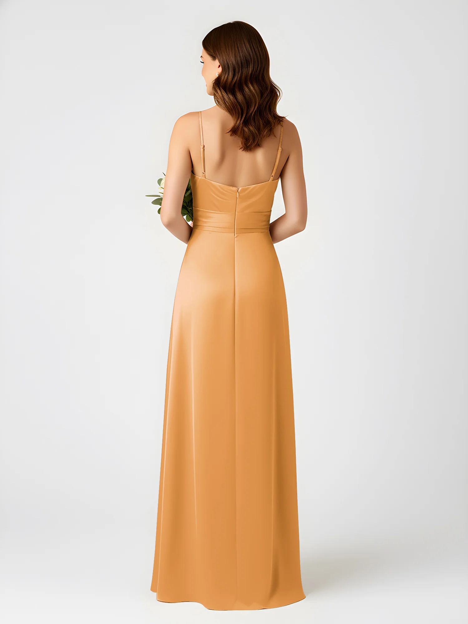 Cowl Neck Spaghetti Strap Acetate Satin Gown with Slit Tangerine - Image 2