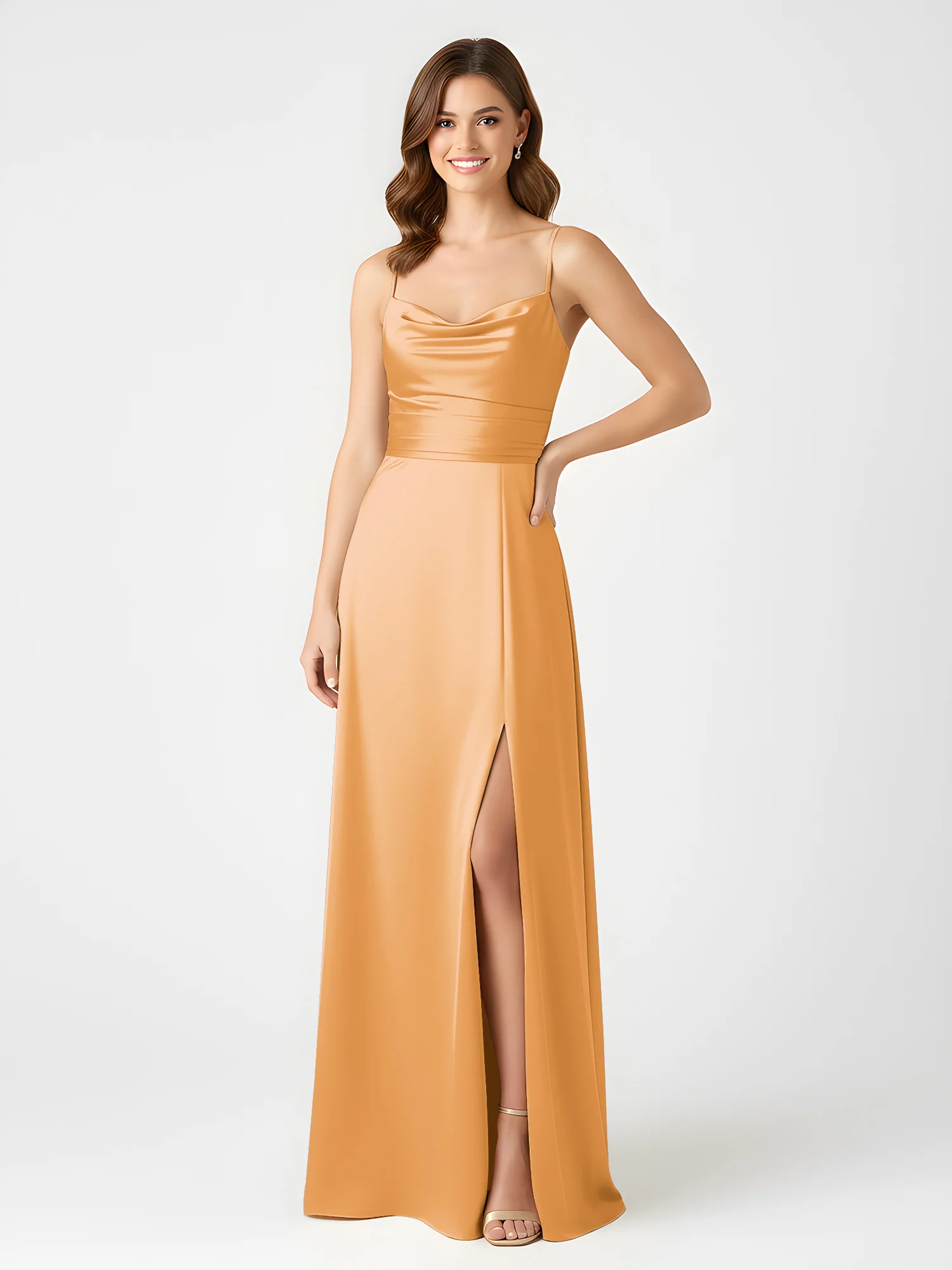 Cowl Neck Spaghetti Strap Acetate Satin Gown with Slit Tangerine - Image 3