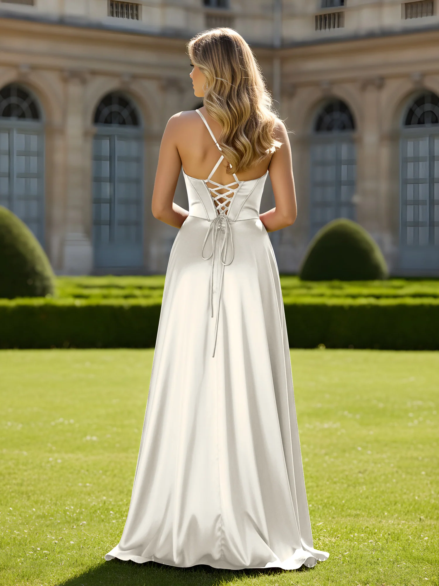 Cowl Neck Spaghetti Straps A-Line Dress With Slit Ivory - Image 2