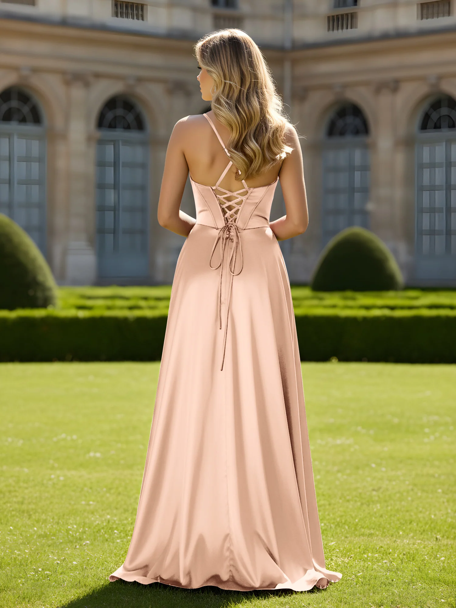 Cowl Neck Spaghetti Straps A-Line Dress With Slit Peach - Image 2