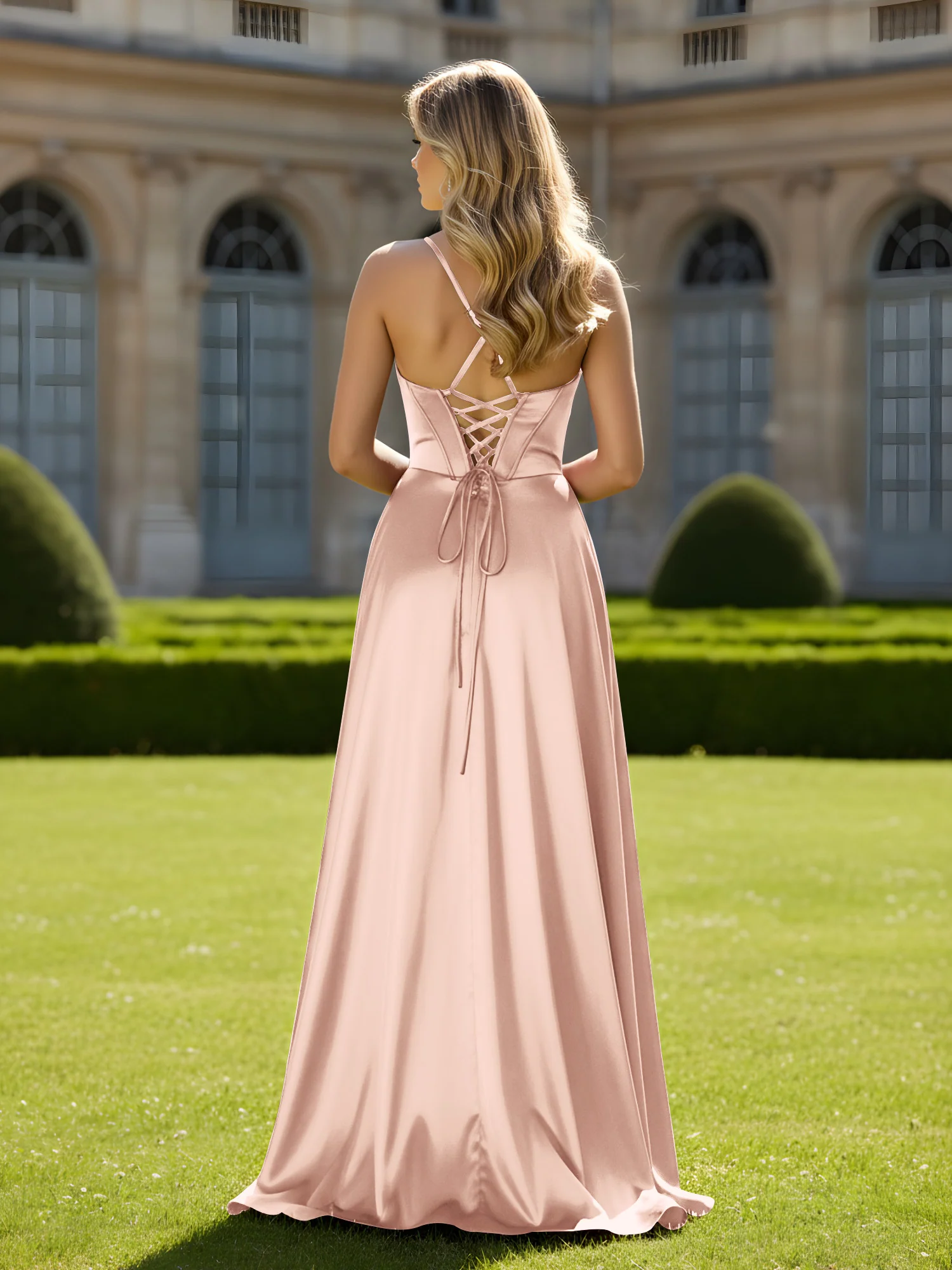 Cowl Neck Spaghetti Straps A-Line Dress With Slit Pearl Pink - Image 2