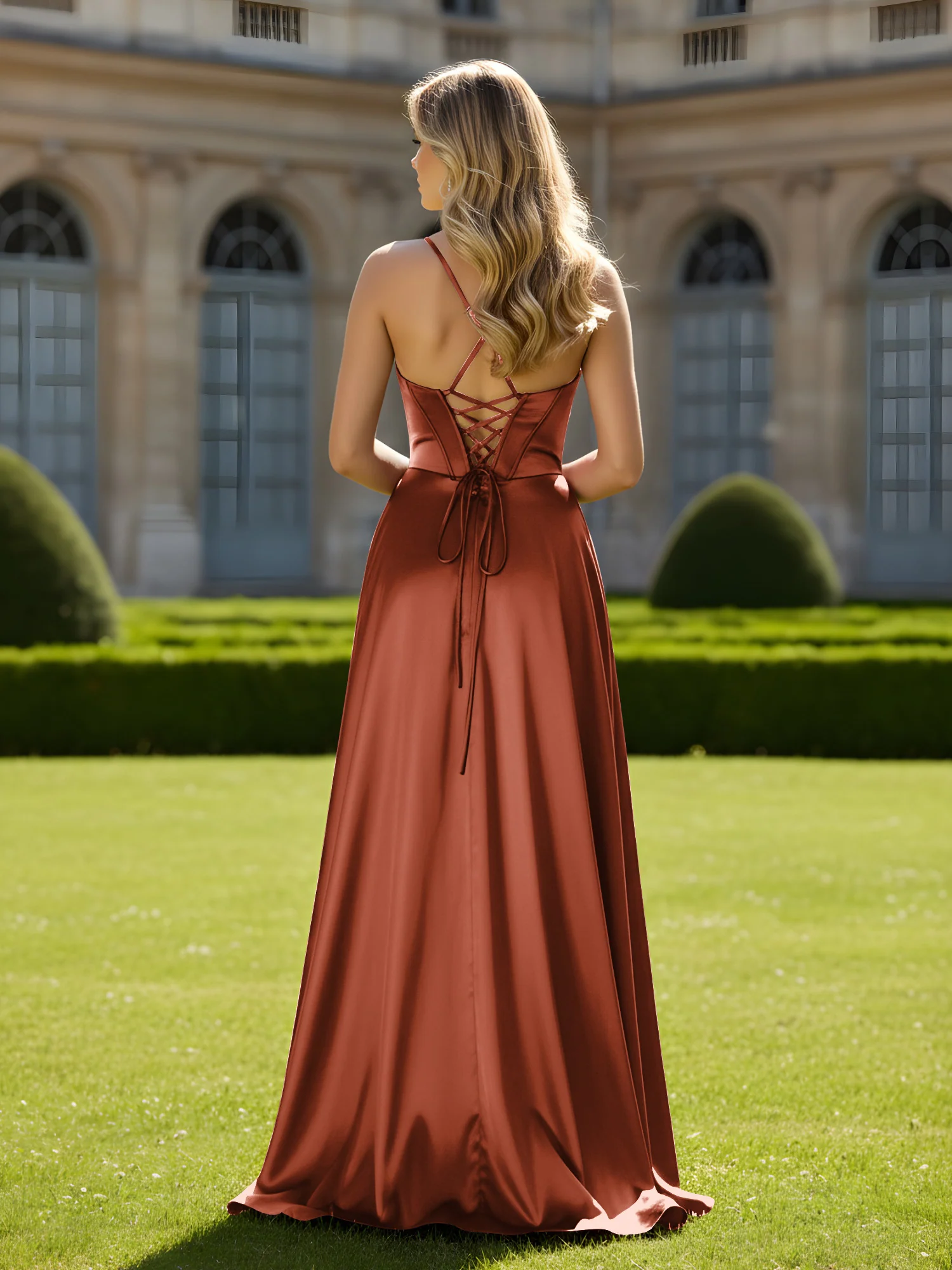 Cowl Neck Spaghetti Straps A-Line Dress With Slit Rust - Image 2