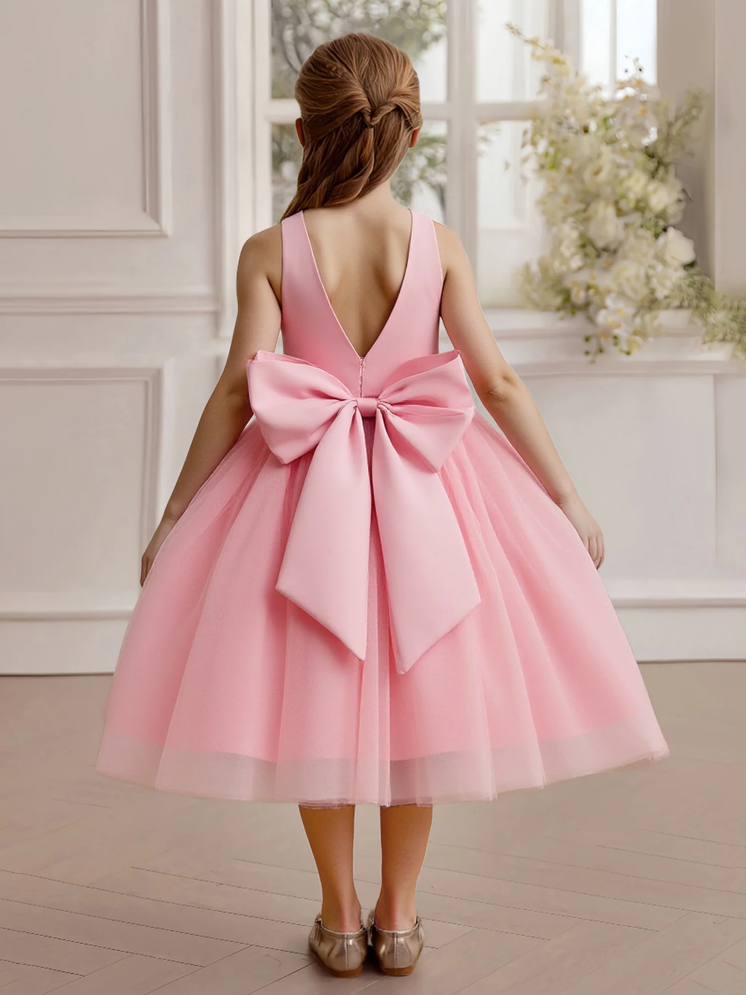 Illusion Bodice V-Back Bow Detail Party Flower Girl Dress Flamingo - Image 2