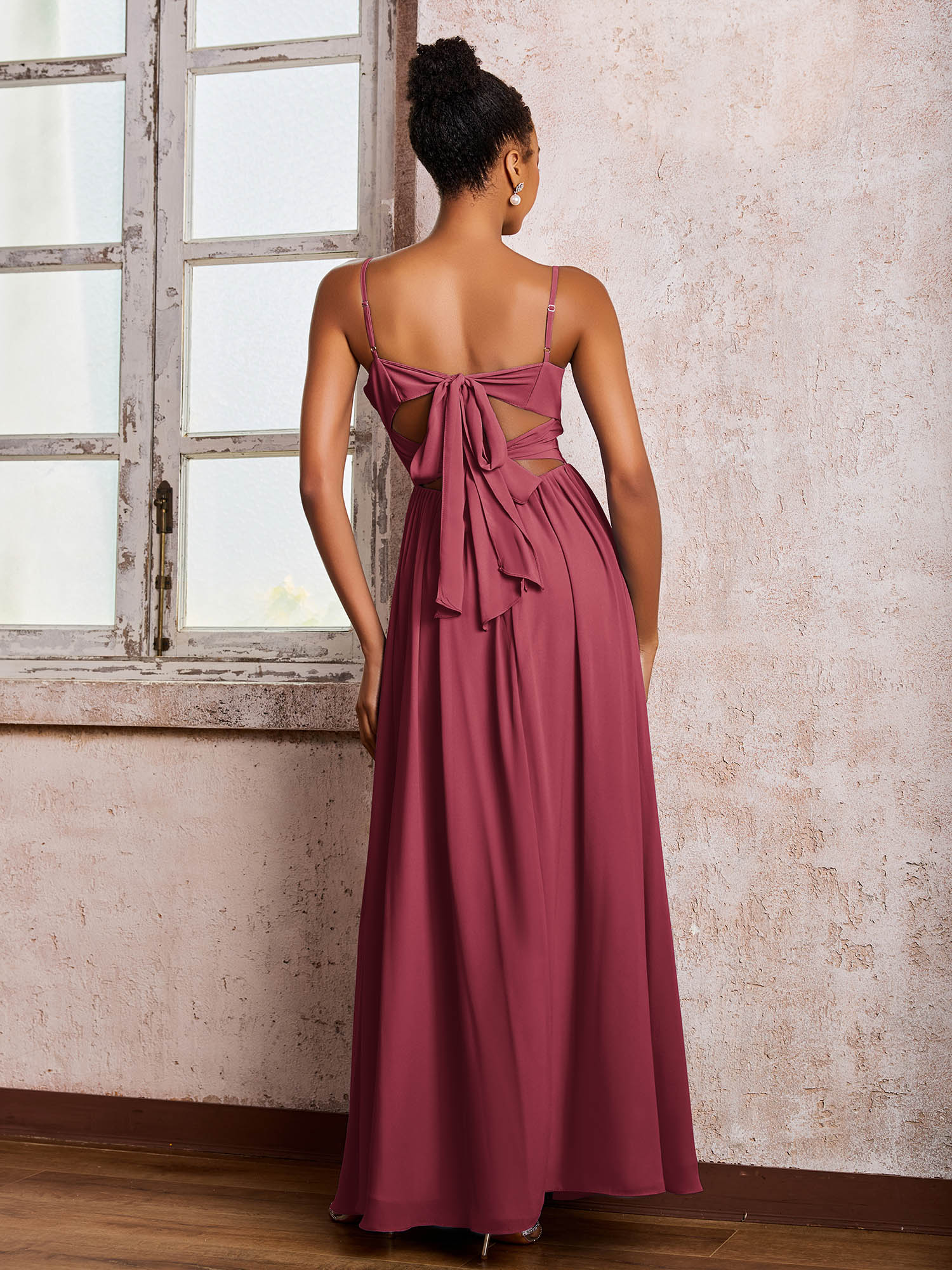 Criss-Cross Back Spaghetti Straps V-neck A-line Slit Dress Cinnamon Rose - Image 2