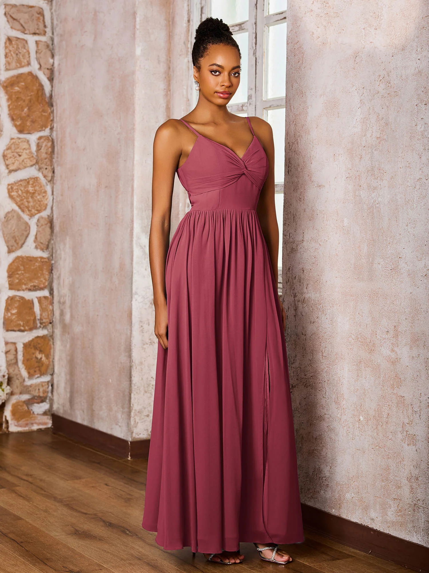 Criss-Cross Back Spaghetti Straps V-neck A-line Slit Dress Cinnamon Rose - Image 3