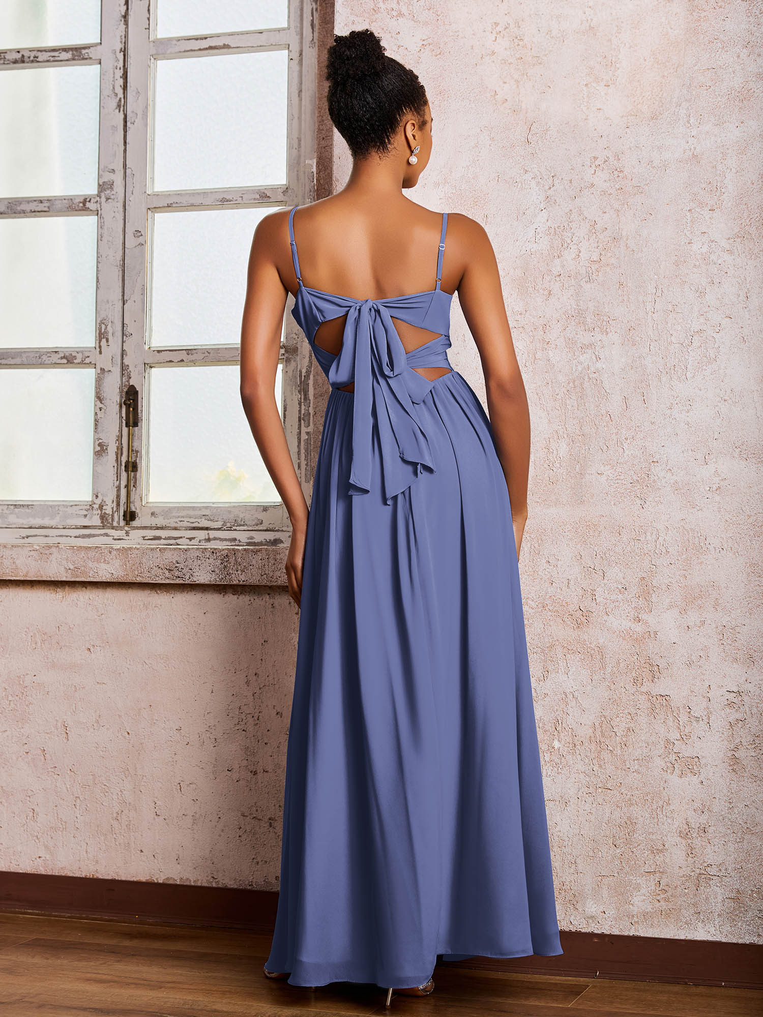 Criss-Cross Back Spaghetti Straps V-neck A-line Slit Dress Periwinkle - Image 2