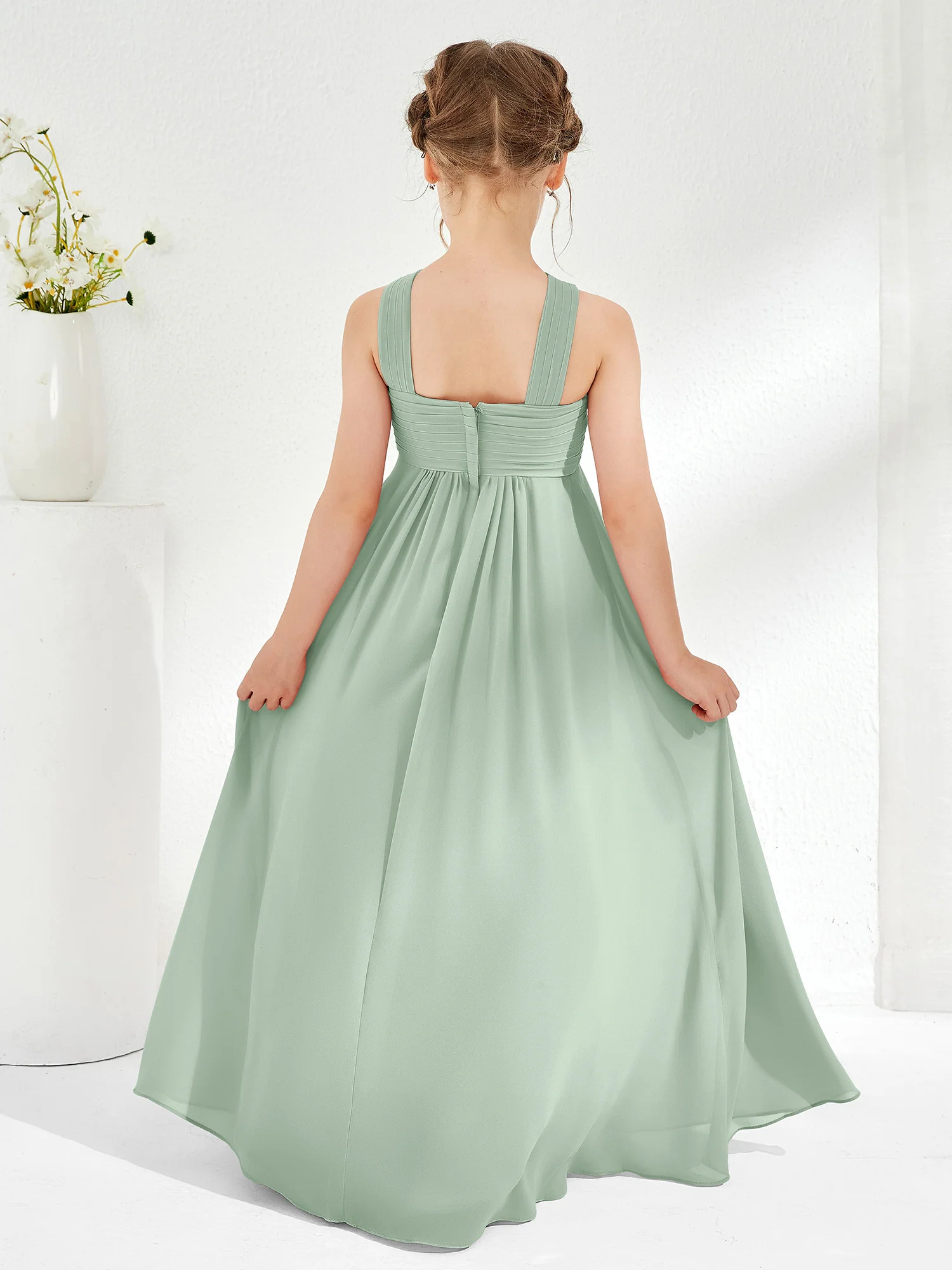 Cross Shoulder Strap Junior Bridesmaid Dresses with Empire Waist Agave - Image 2