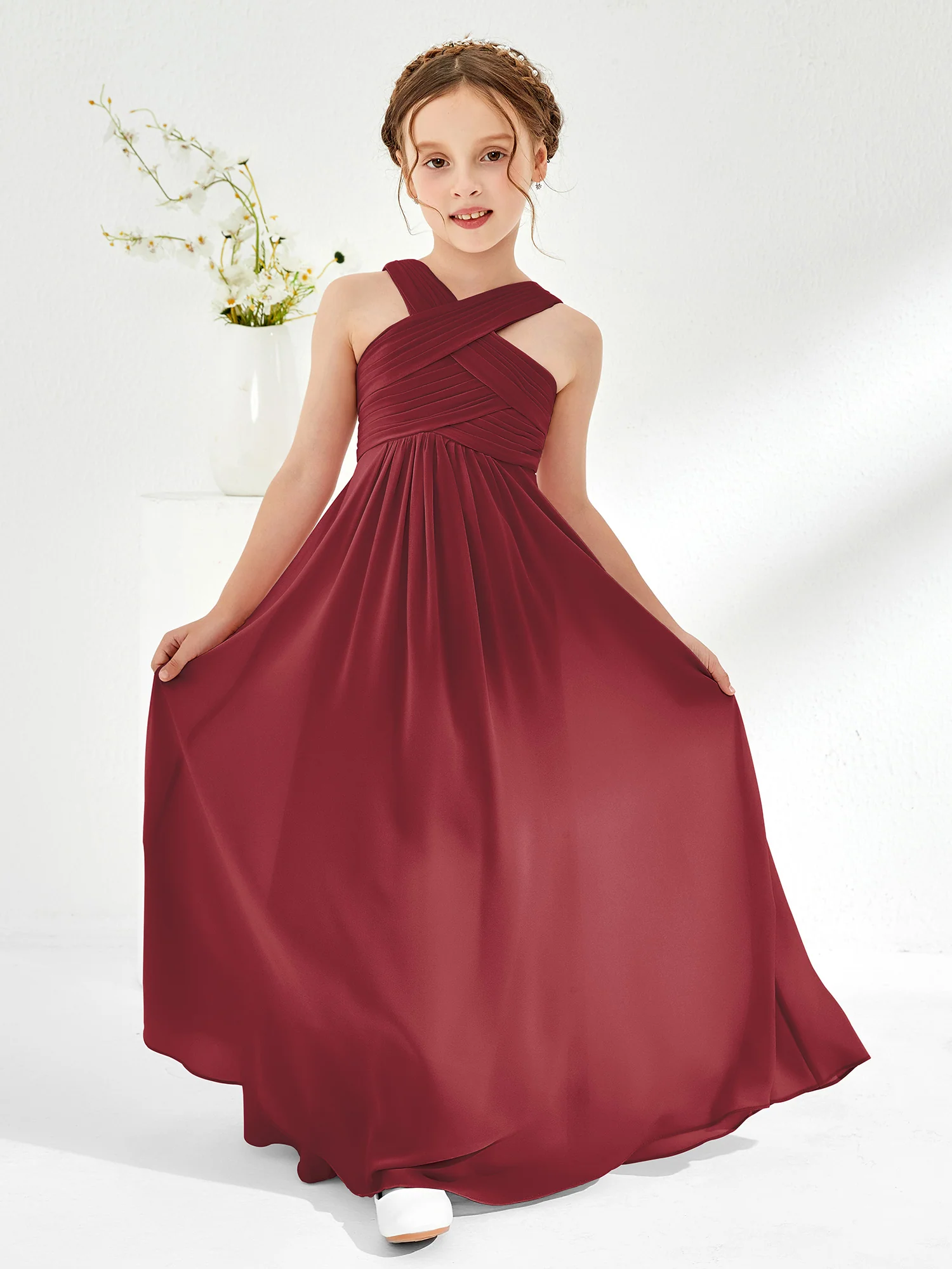 Cross Shoulder Strap Junior Bridesmaid Dresses with Empire Waist Cinnamon Rose