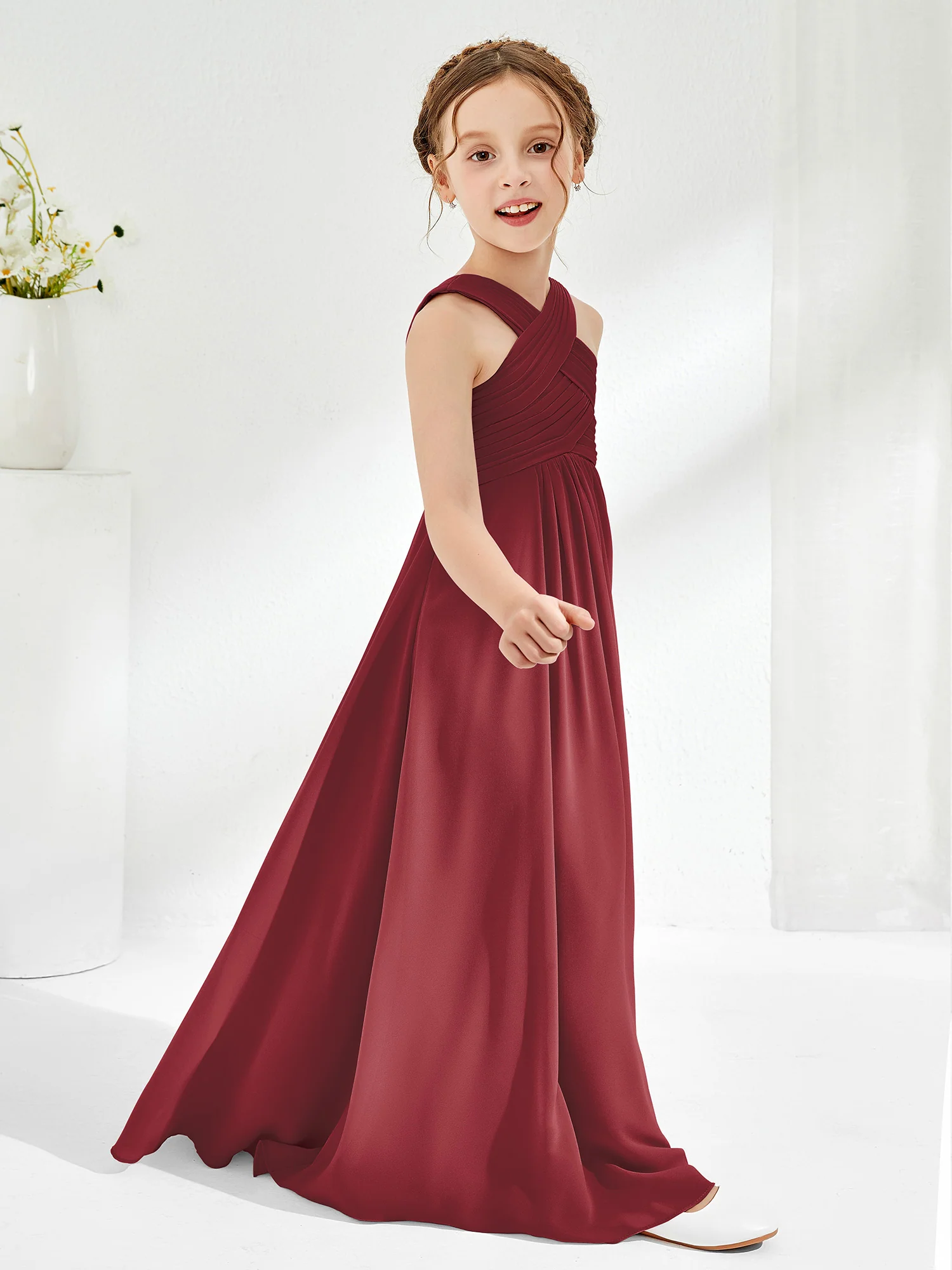 Cross Shoulder Strap Junior Bridesmaid Dresses with Empire Waist Cinnamon Rose - Image 3