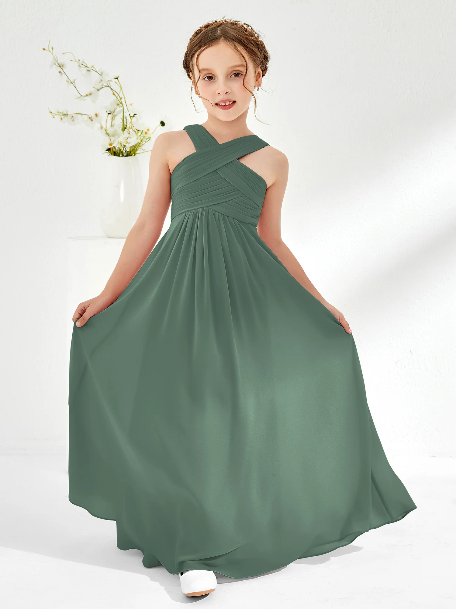 Cross Shoulder Strap Junior Bridesmaid Dresses with Empire Waist Eucalyptus
