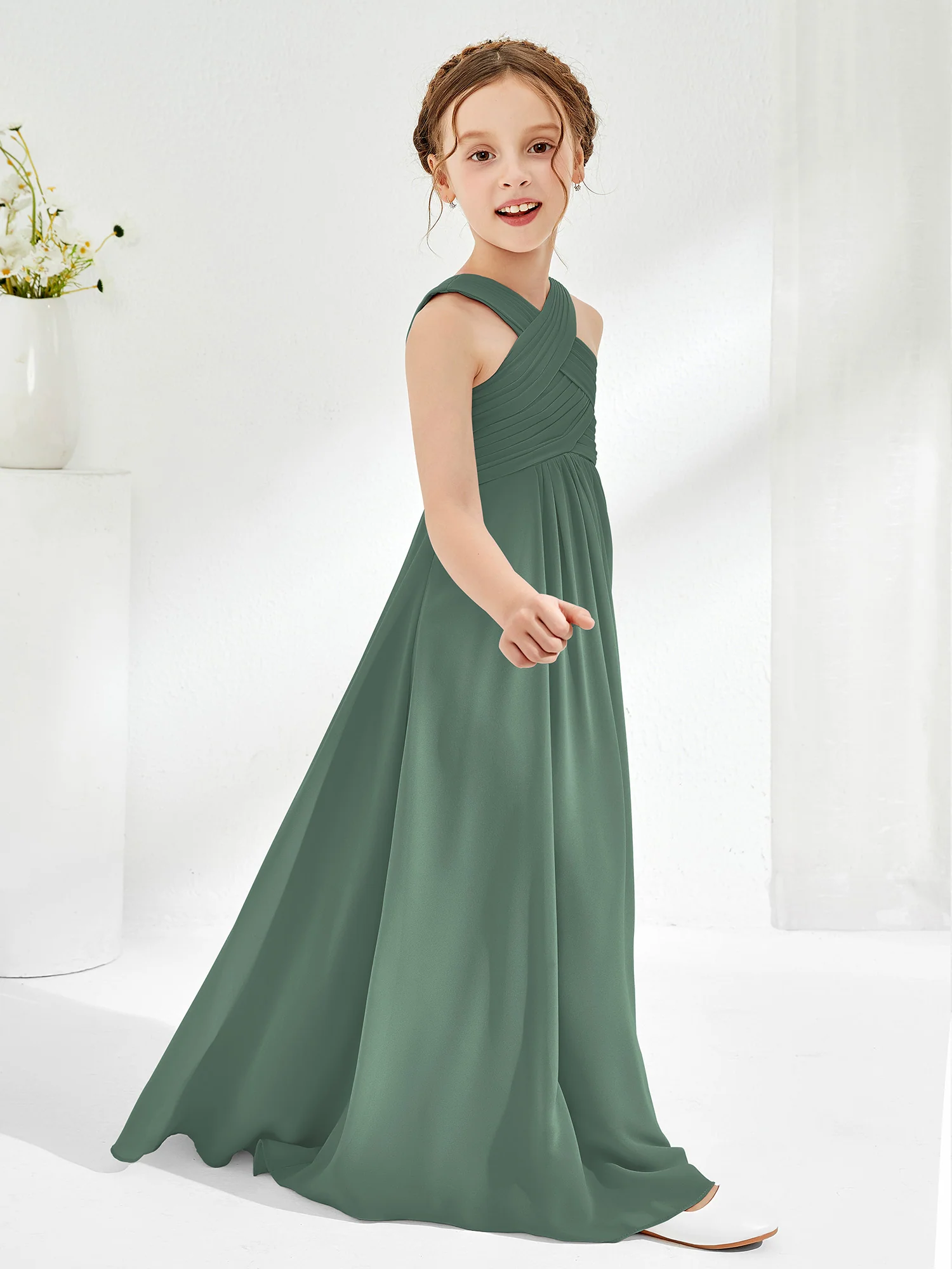 Cross Shoulder Strap Junior Bridesmaid Dresses with Empire Waist Eucalyptus - Image 3