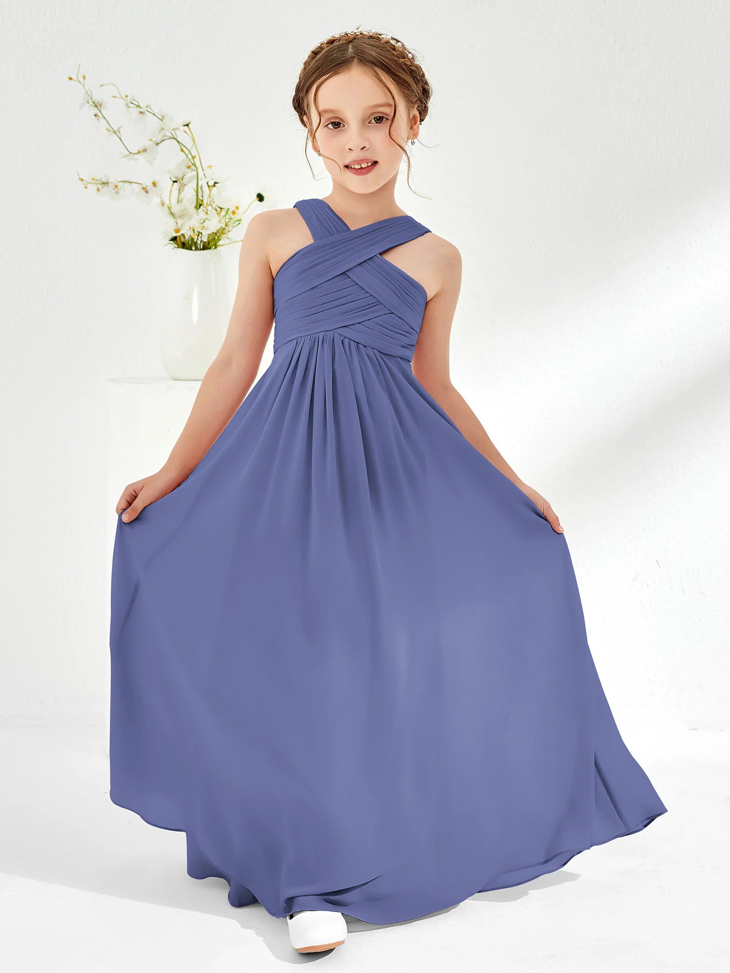 Cross Shoulder Strap Junior Bridesmaid Dresses with Empire Waist Periwinkle