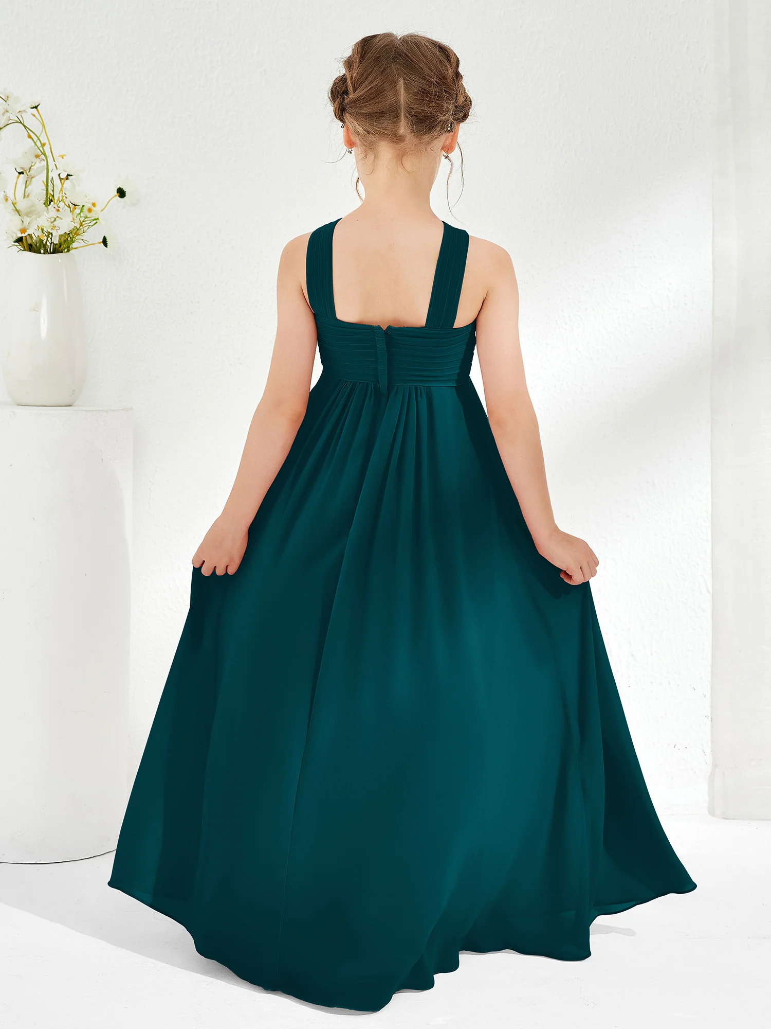 Cross Shoulder Strap Junior Bridesmaid Dresses with Empire Waist Pine - Image 2