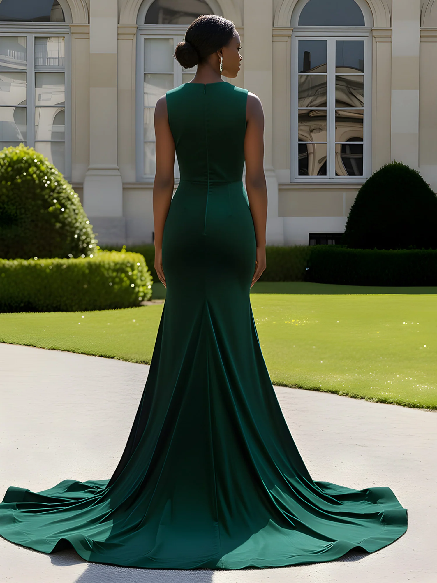 Embroidered Illusion Bodice Mermaid Gown Dark Green - Image 2