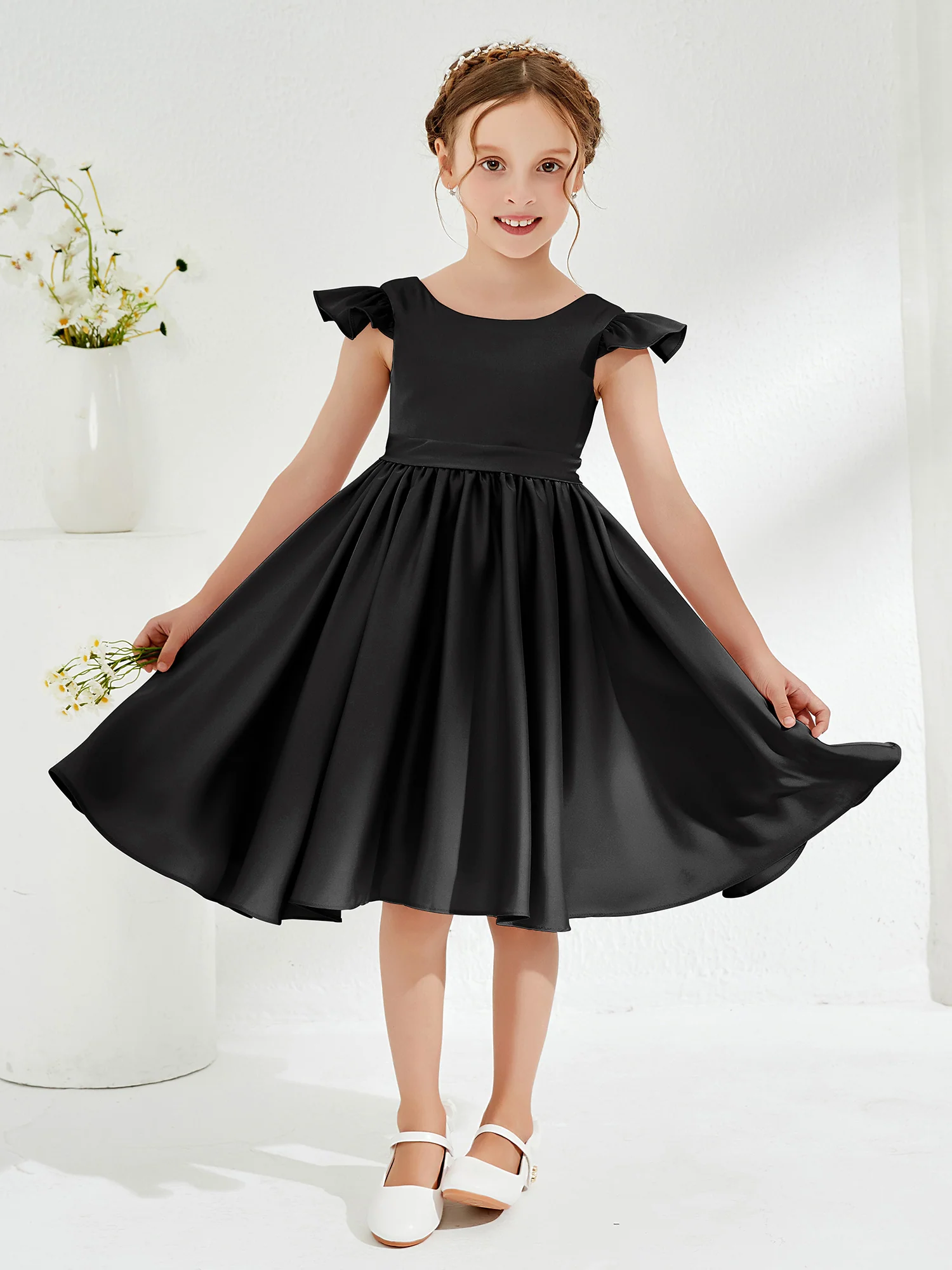 Cute Cap Sleeves Acetate Satin Flower Girl Dresses Black