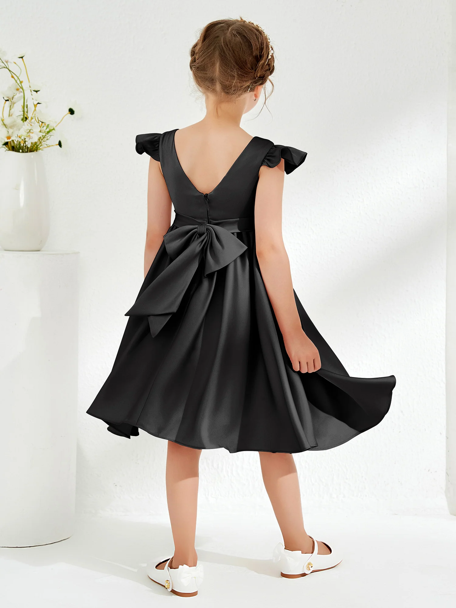 Cute Cap Sleeves Acetate Satin Flower Girl Dresses Black - Image 2