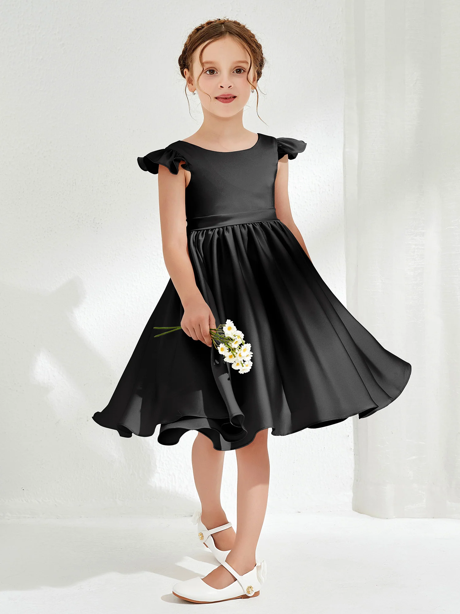 Cute Cap Sleeves Acetate Satin Flower Girl Dresses Black - Image 3