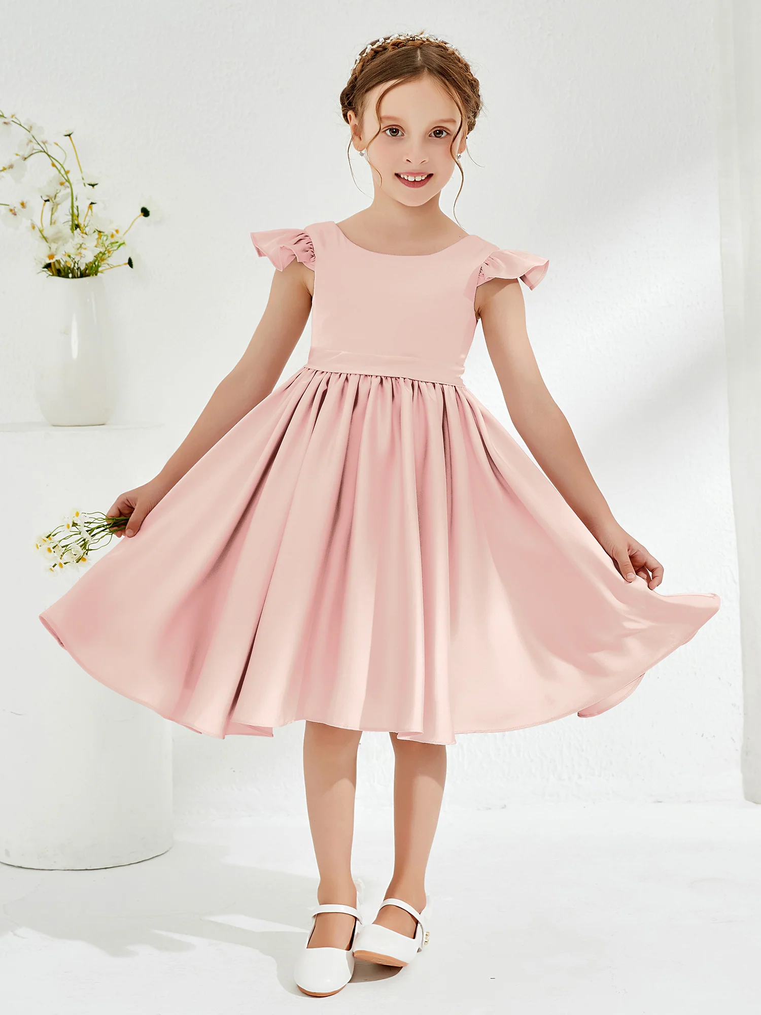 Cute Cap Sleeves Acetate Satin Flower Girl Dresses Blushing Pink