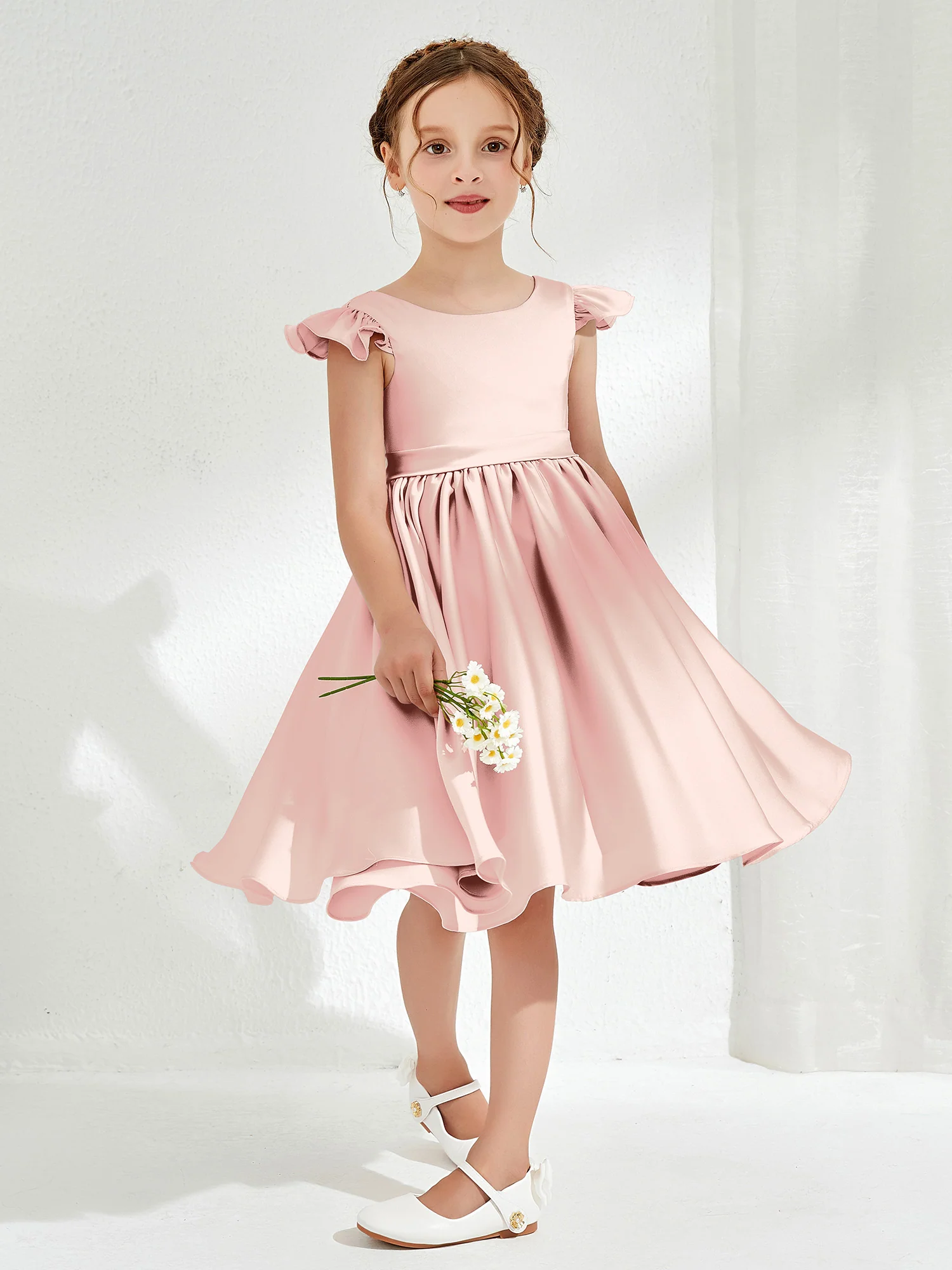 Cute Cap Sleeves Acetate Satin Flower Girl Dresses Blushing Pink - Image 3