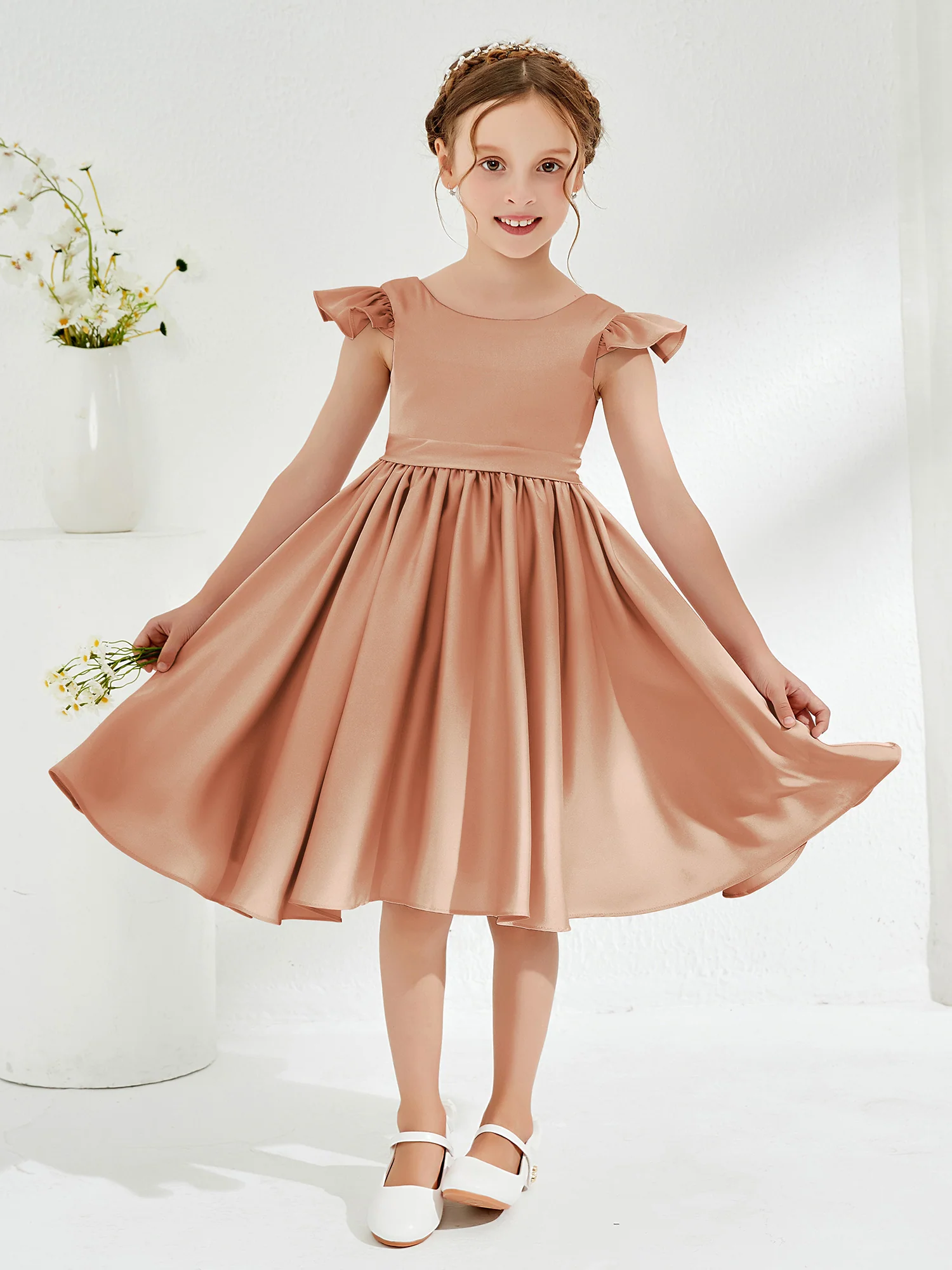 Cute Cap Sleeves Acetate Satin Flower Girl Dresses Bronzer