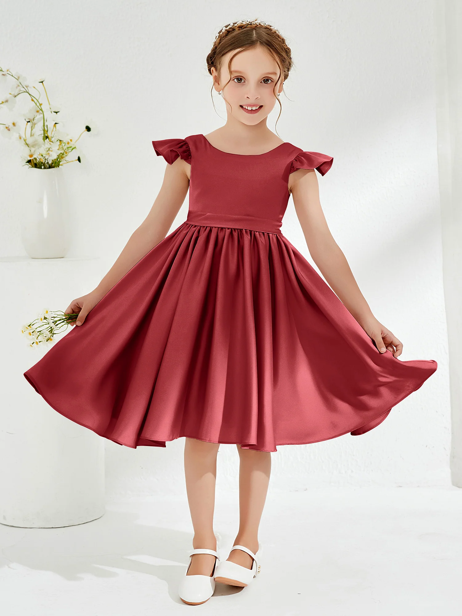 Cute Cap Sleeves Acetate Satin Flower Girl Dresses Burgundy