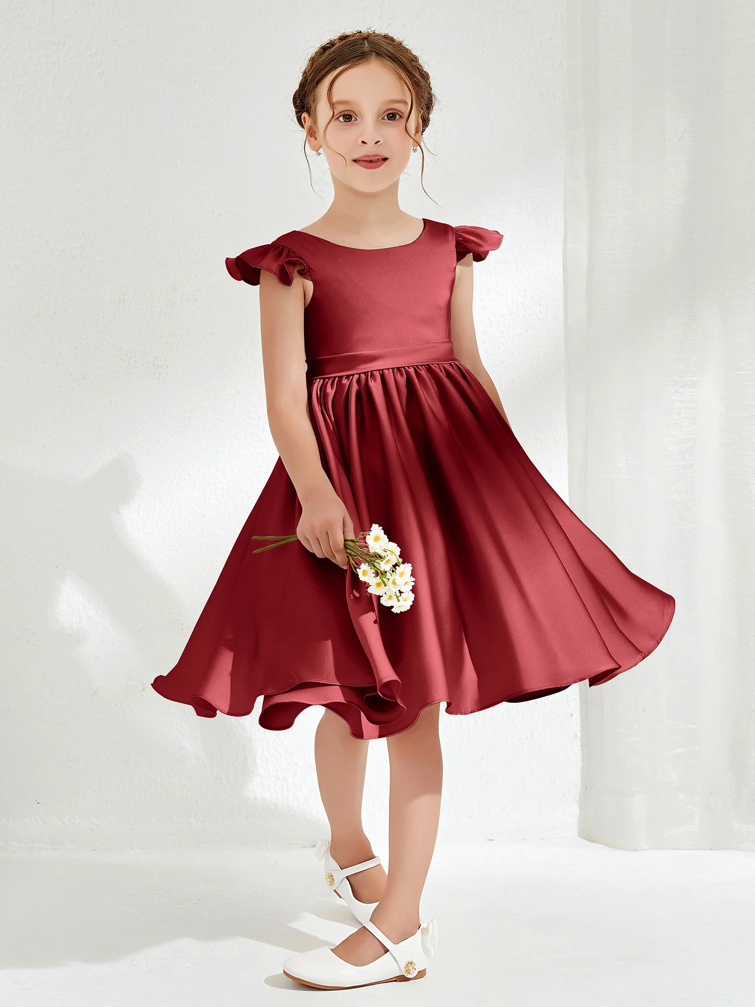 Cute Cap Sleeves Acetate Satin Flower Girl Dresses Burgundy - Image 3