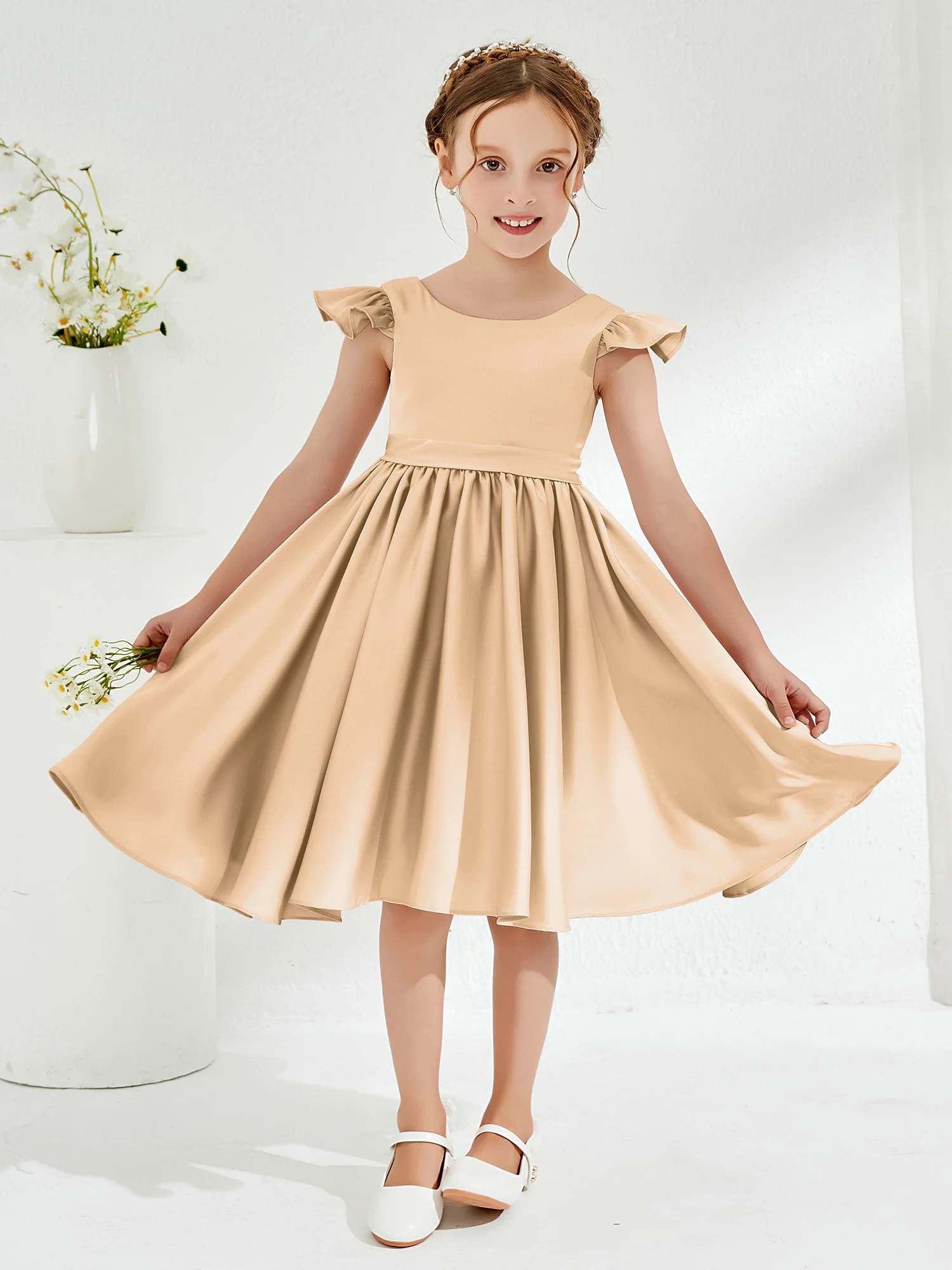 Cute Cap Sleeves Acetate Satin Flower Girl Dresses Champagne