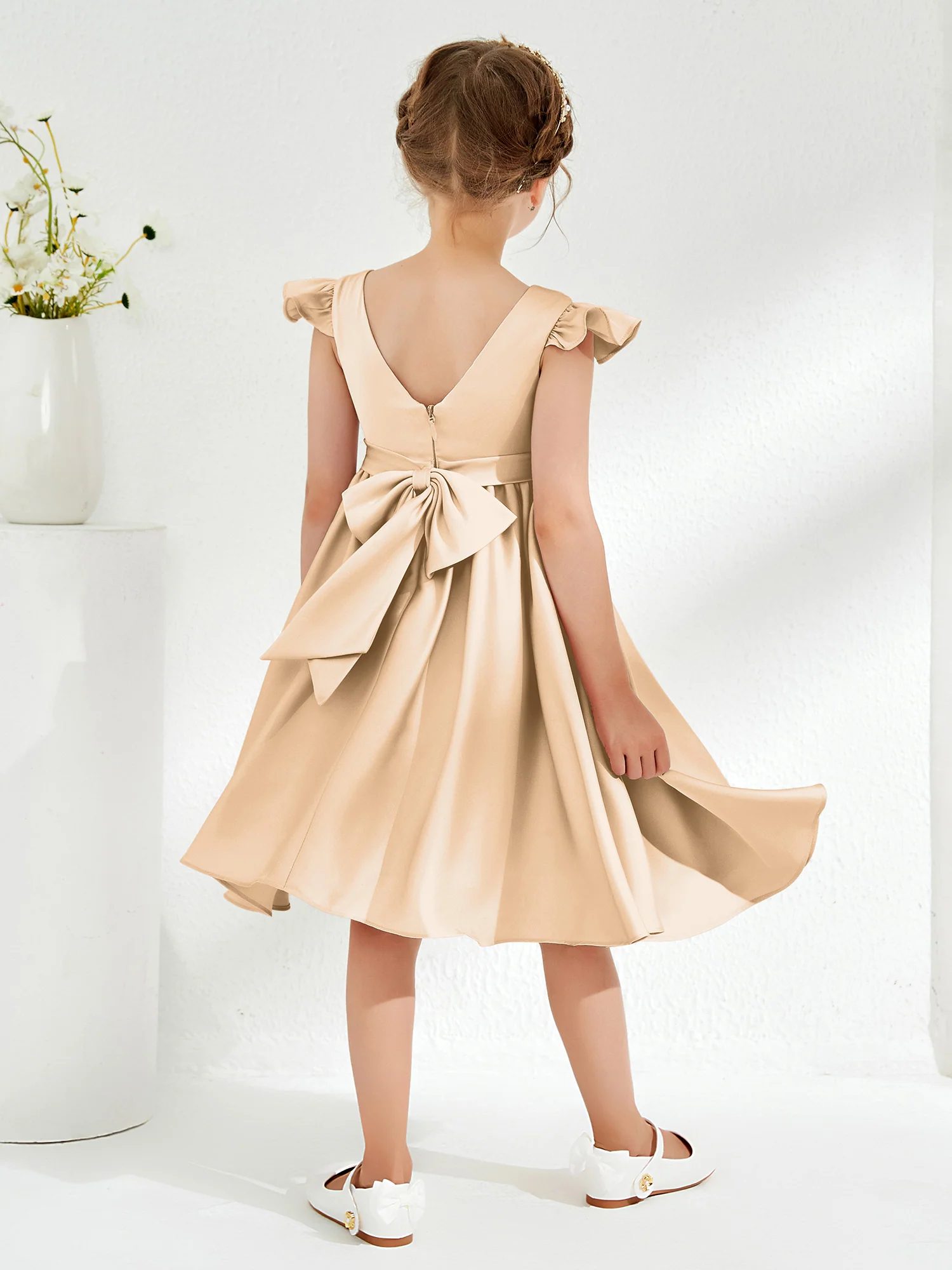 Cute Cap Sleeves Acetate Satin Flower Girl Dresses Champagne - Image 2