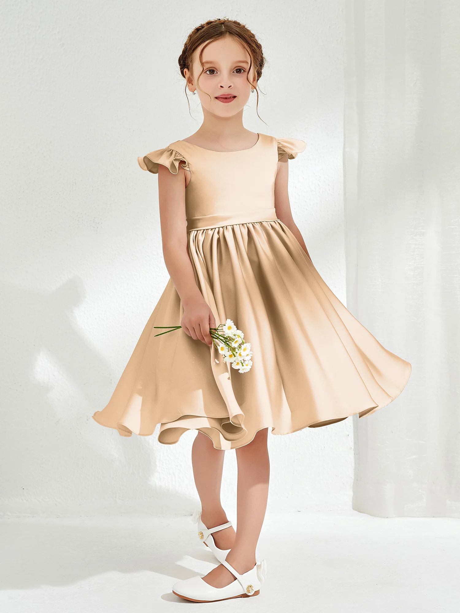 Cute Cap Sleeves Acetate Satin Flower Girl Dresses Champagne - Image 3
