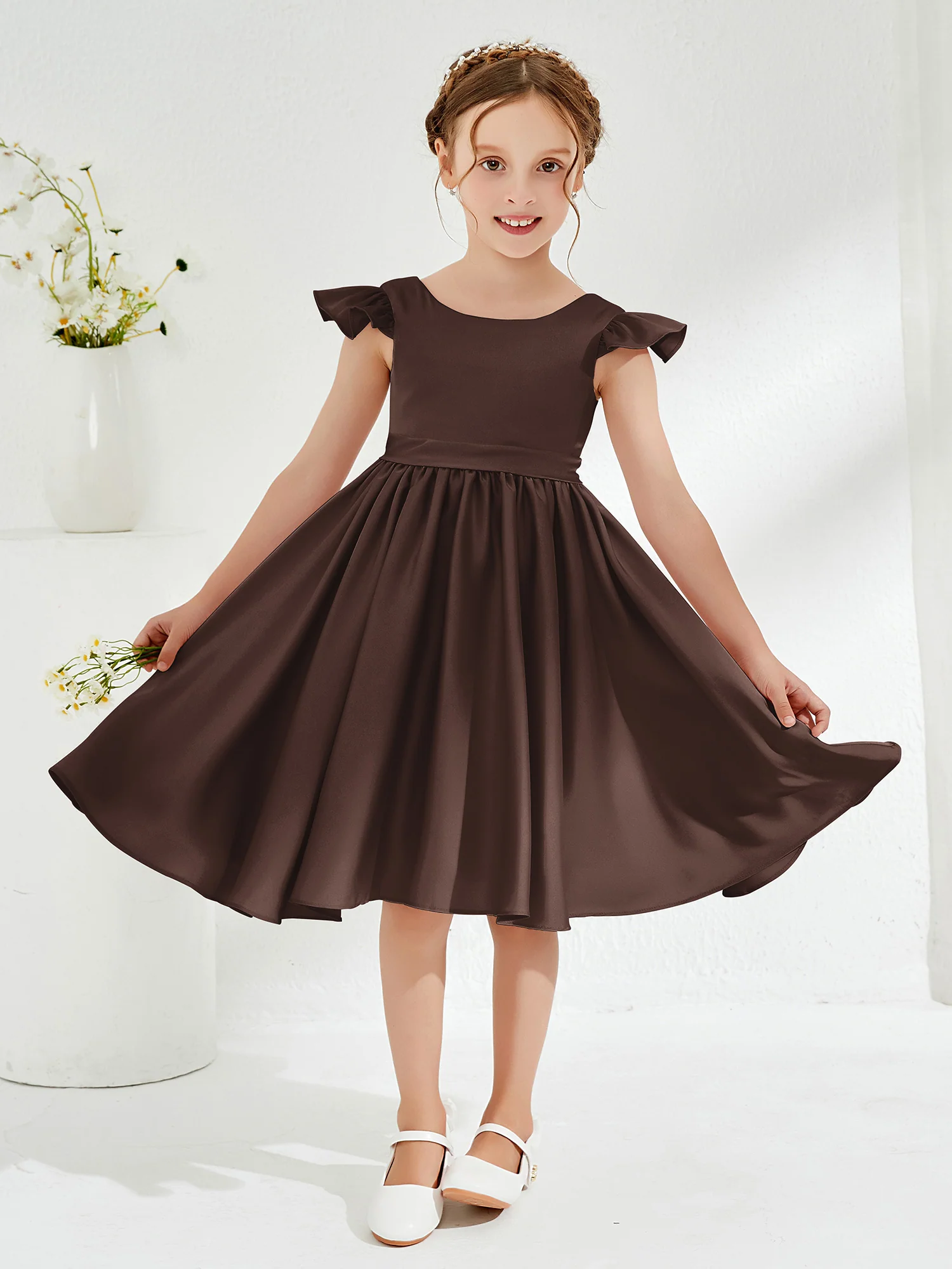 Cute Cap Sleeves Acetate Satin Flower Girl Dresses Chocolate