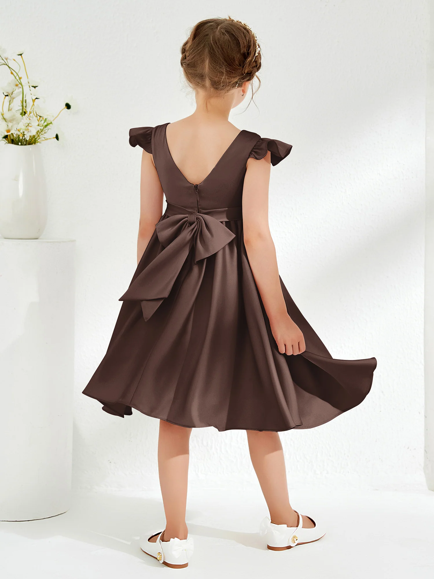 Cute Cap Sleeves Acetate Satin Flower Girl Dresses Chocolate - Image 2